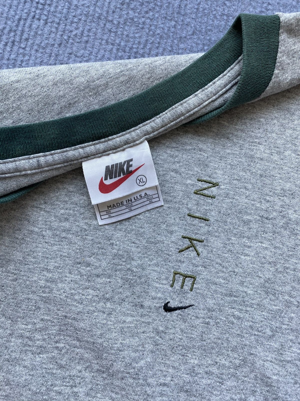 Nike Vintage 90’s Grey/Green Nike Embroidery Logo Ringer Tee✨ Size US XL / EU 56 / 4 - 1 Thumbnail