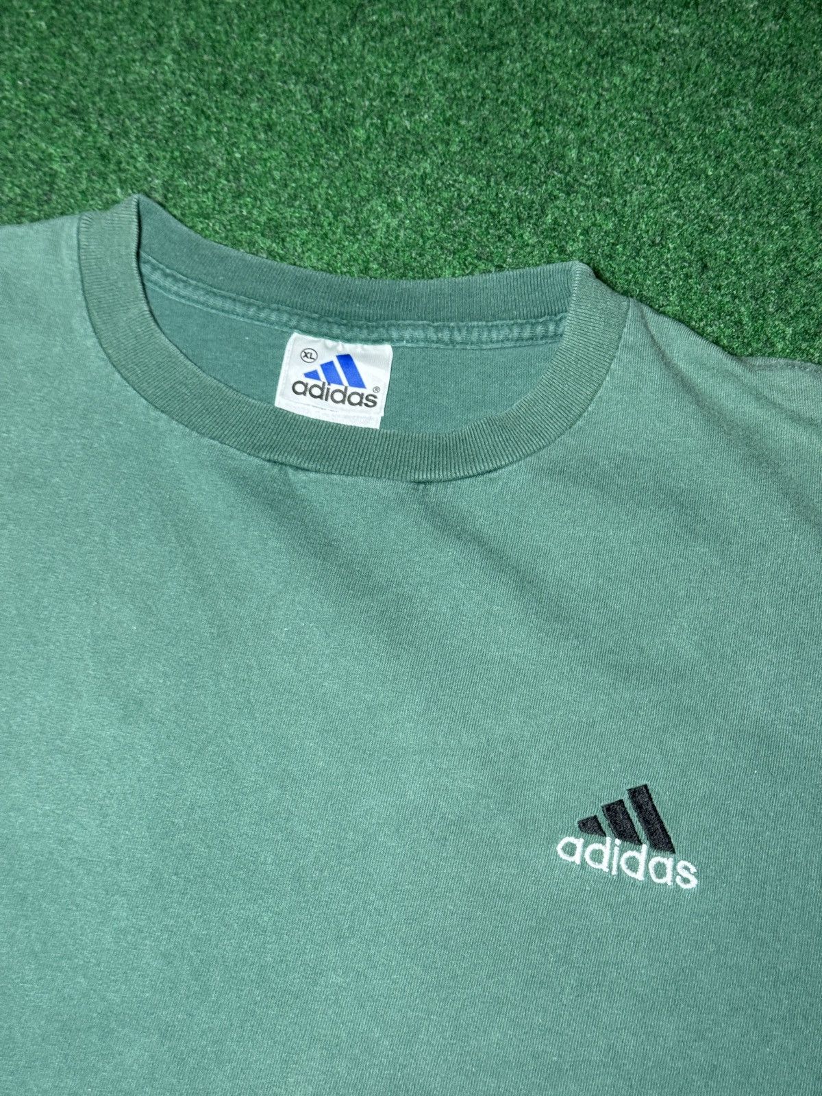 Adidas Vintage 90s Adidas Green Faded XL USA Made 3 Stripe T Shirt Size US XL / EU 56 / 4 - 2 Thumbnail