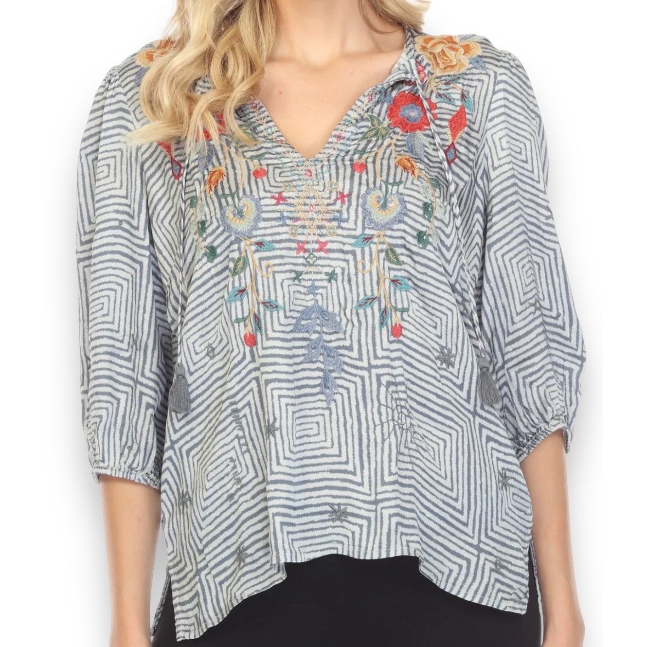 image of Johnny Was Workshop Taryn Flowy Tassel Blouse in Grey, Women's (Size XS)