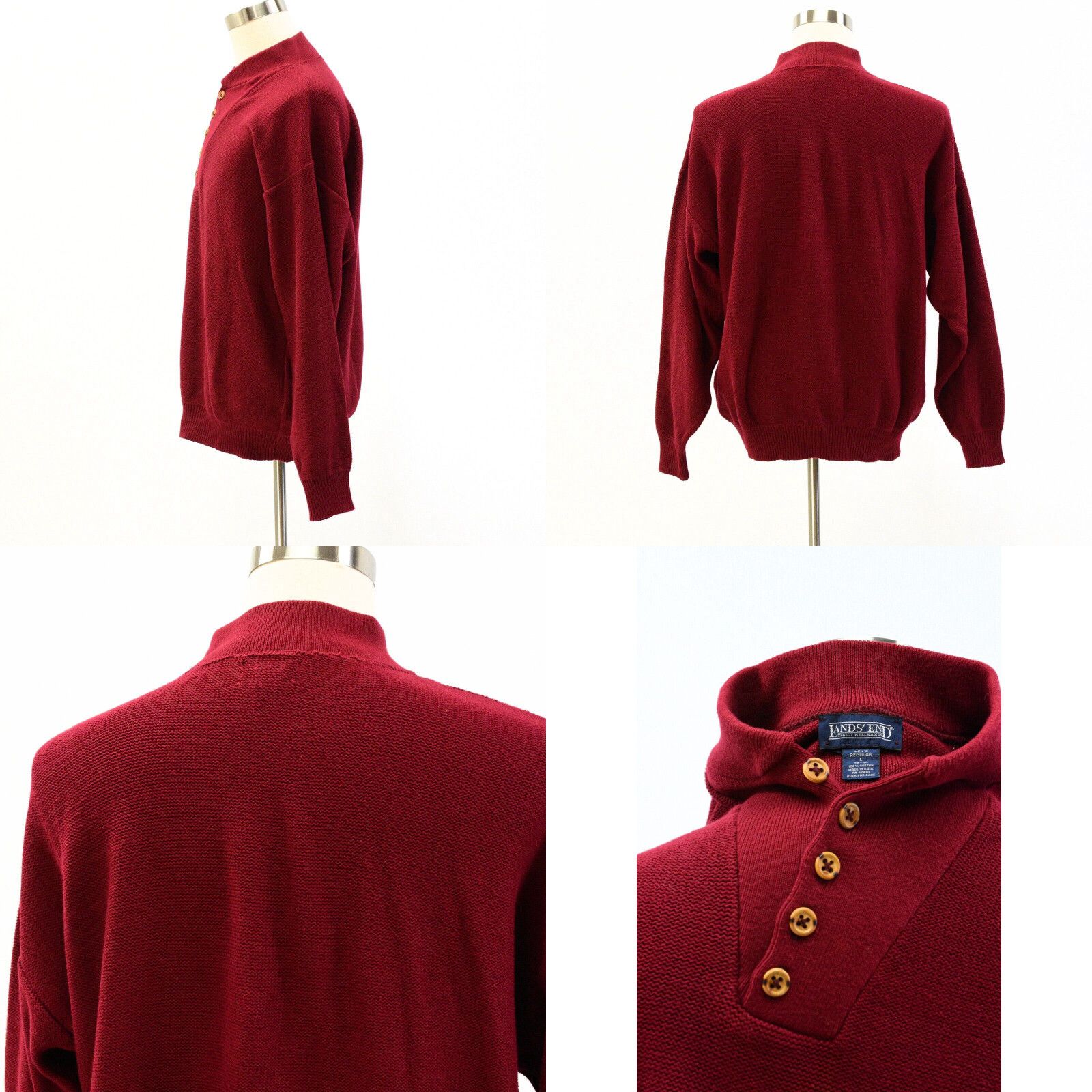Vintage 90s Vintage Mens L Brick Red Lands' End Henley Sweater Knit Cotton Relaxed Fit Size US L / EU 52-54 / 3 - 4 Preview