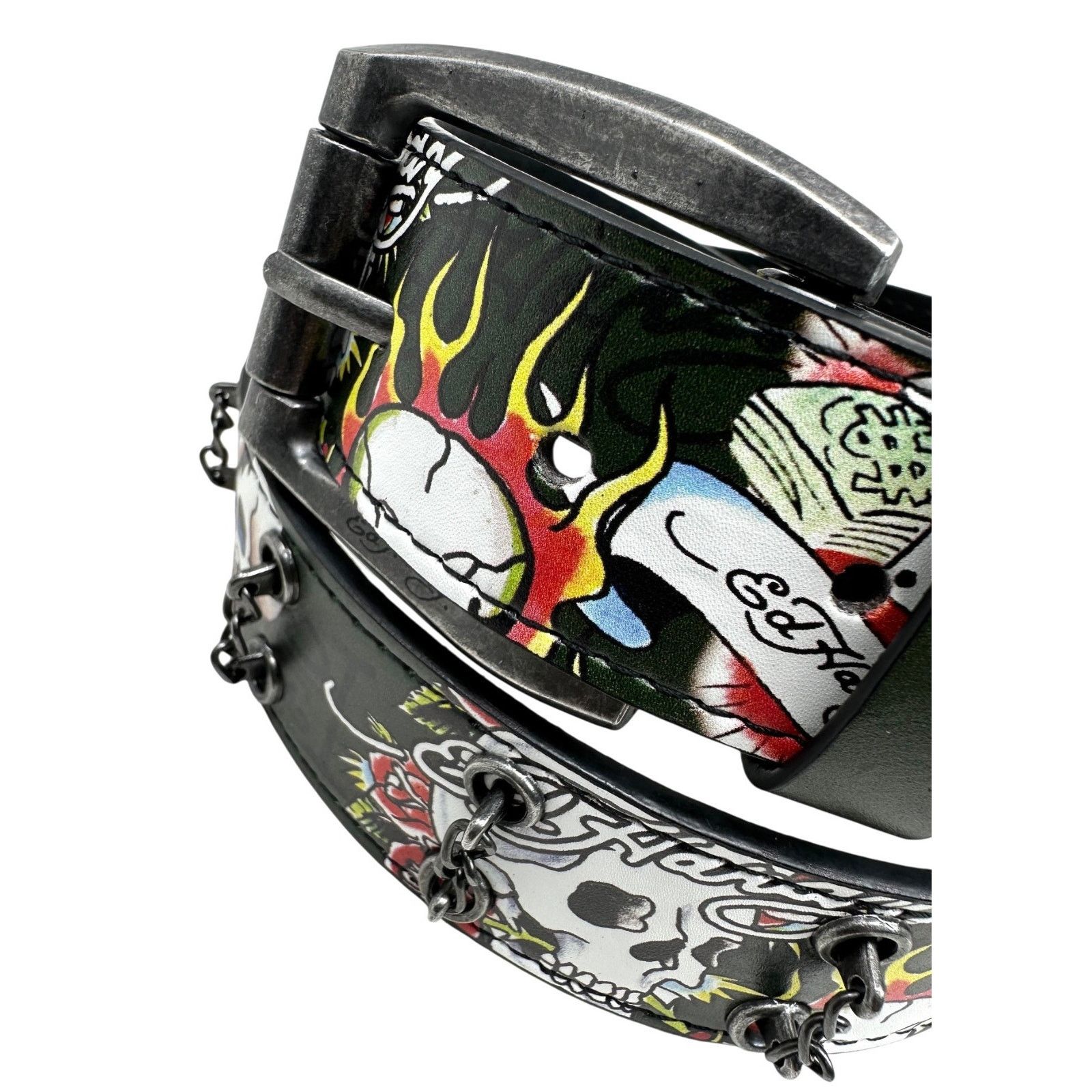 Ed Hardy Ed Hardy Men's Skull Tattoo Olive Belt With Chains Size 36 - 2 Thumbnail