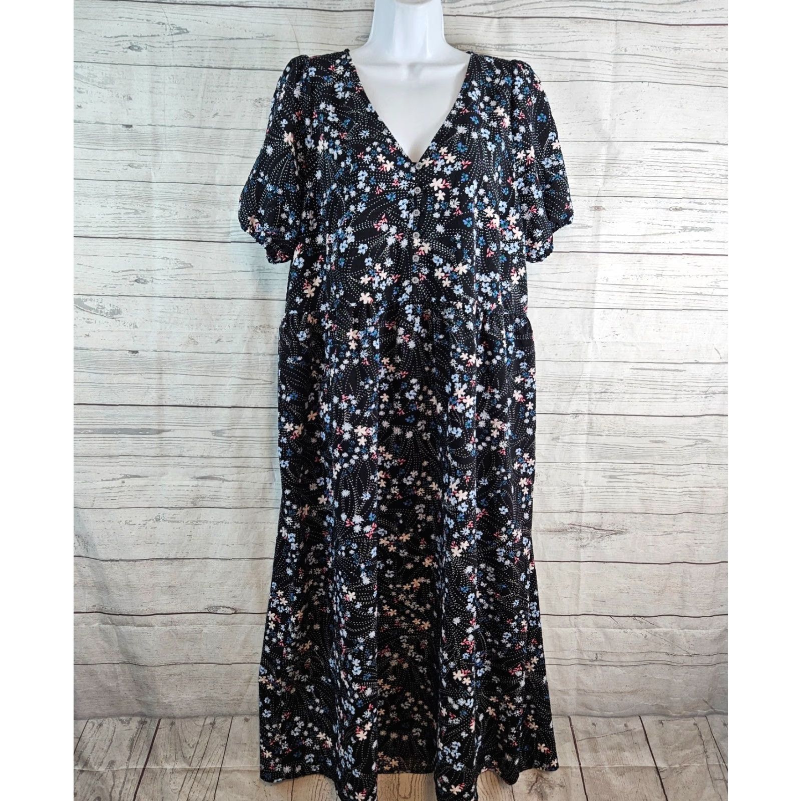 Loft Ann Taylor LOFT Dress Womens Sz Large Black Blue Floral V-Neck Size L / US 10 / IT 46 - 2 Thumbnail