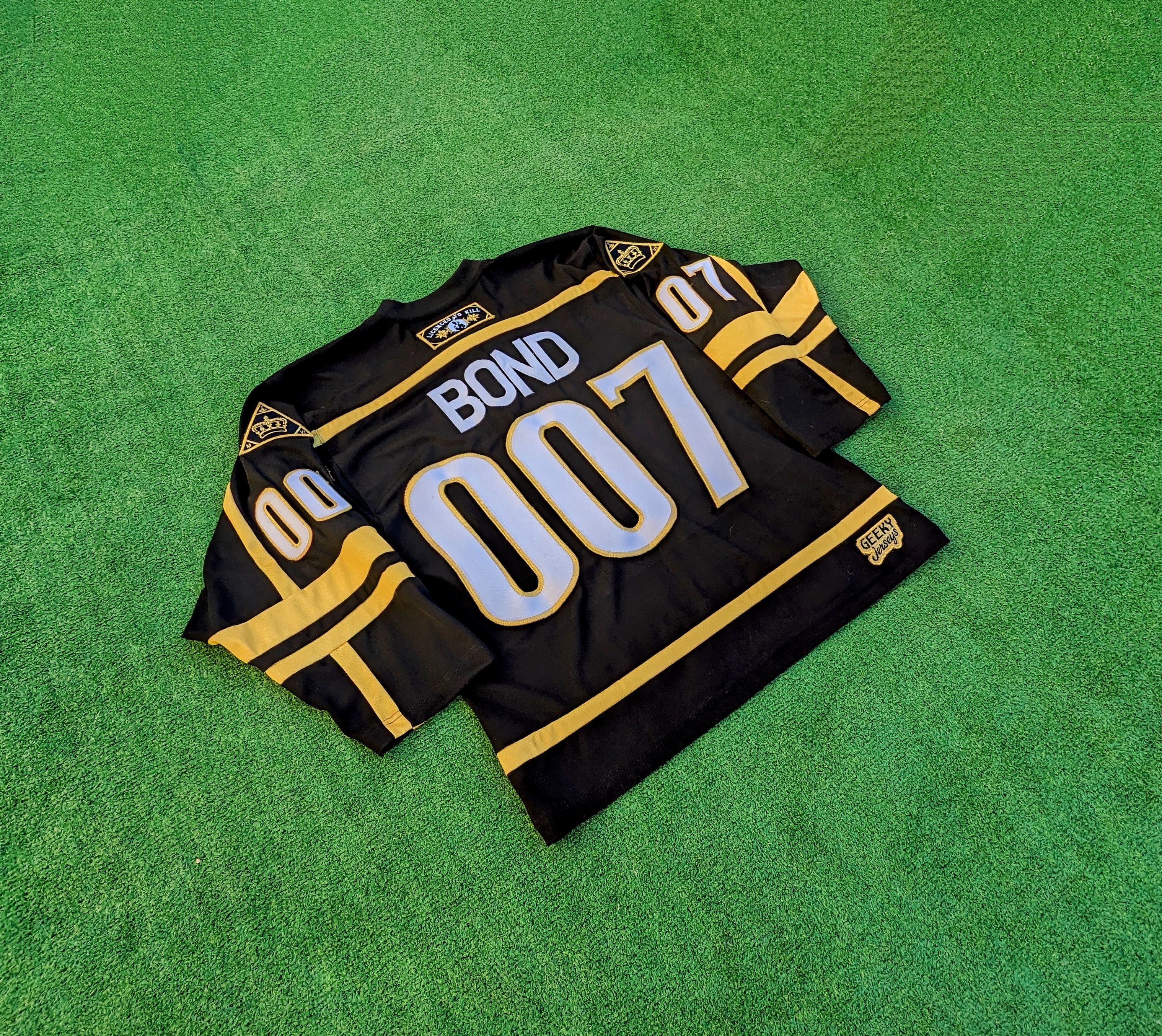 image of Designer James Bond 007 Hockey Jersey Licensed To Kill/queen&country in James Bond Black/Gold (Size