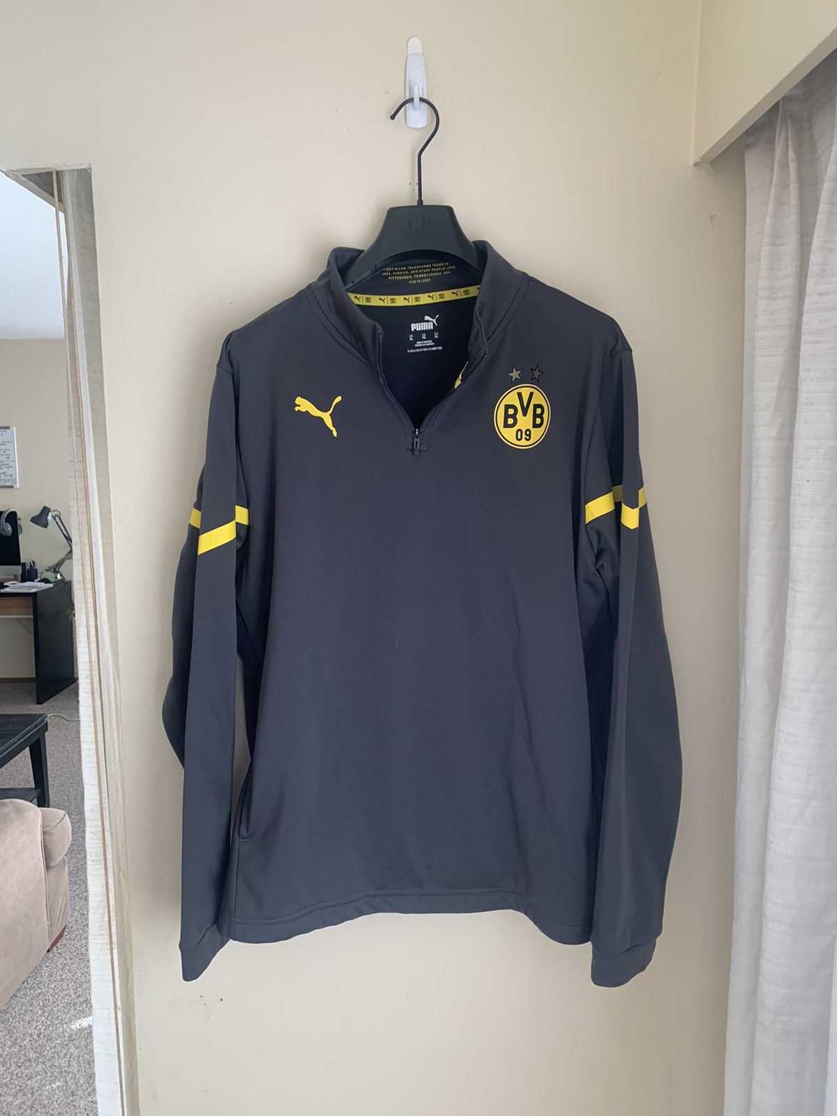 image of Puma Borussia Dortmund Soccer Football Long Sleeve Jersey in Gray Yellow, Men's (Size XL)