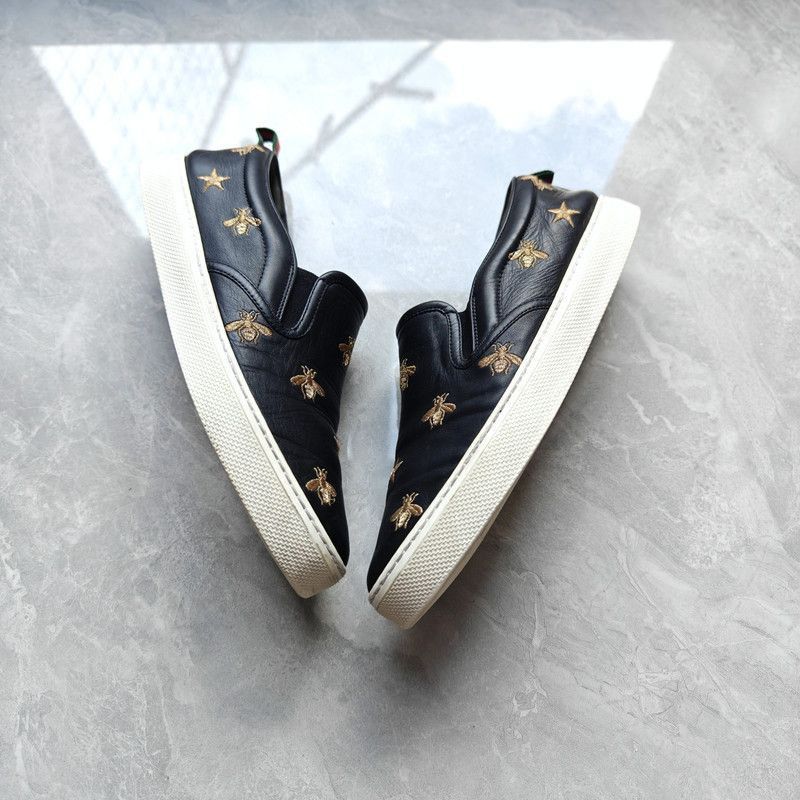 Gucci Gucci Black Leather Bee Embroidered Slip-On Sneakers Size US 8 / EU 41 - 8 Thumbnail