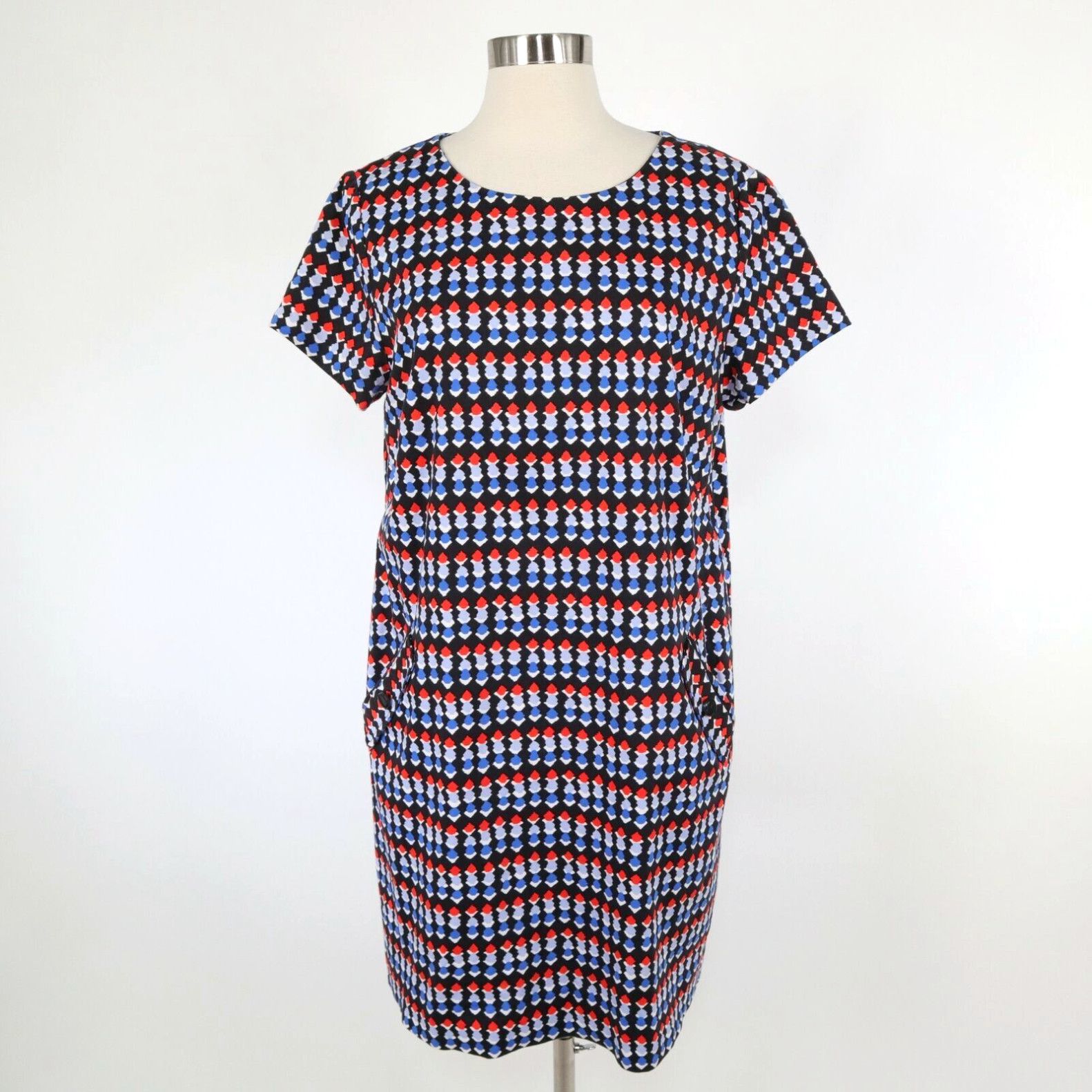 image of Vintage Shoshanna Shift Dress Womens 12 Short Sleeve Dot Print Black Red Blue Jersey in White (Size