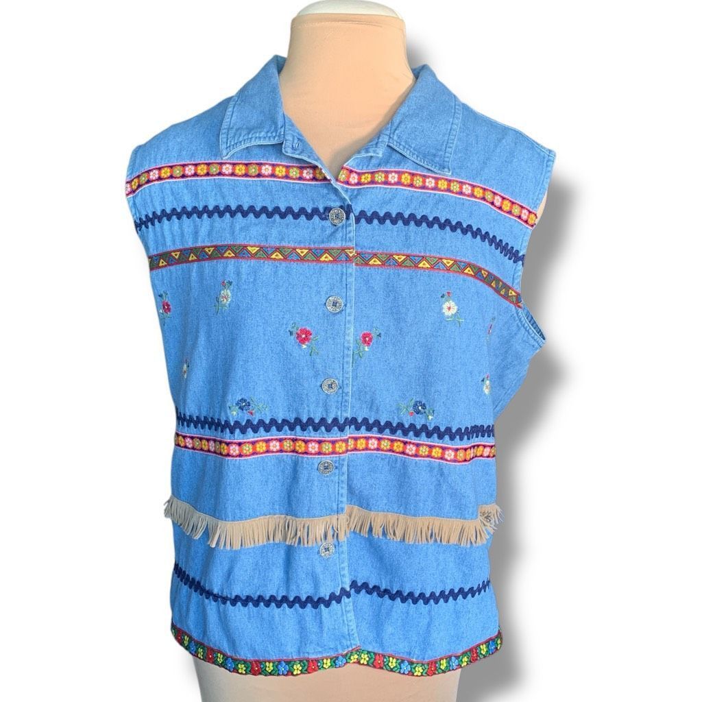 Vintage Upcycled Vintage Victoria Jones Sleeveless Denim Shirt Fring Size XXL / US 16-18 / IT 52-54 - 1 Thumbnail