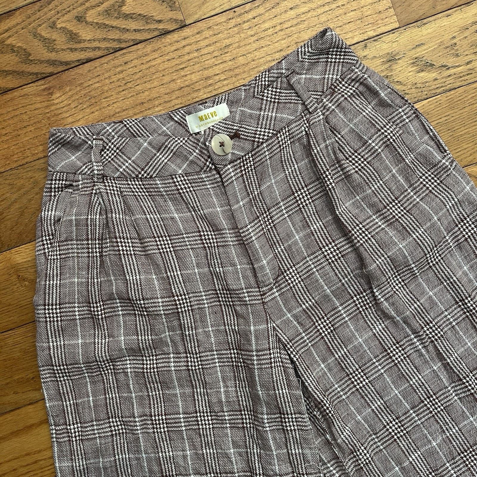 Anthropologie Maeve Avery Pleated Linen Plaid Wide Leg Pants 4 Size 27" / US 4 / IT 40 - 2 Thumbnail