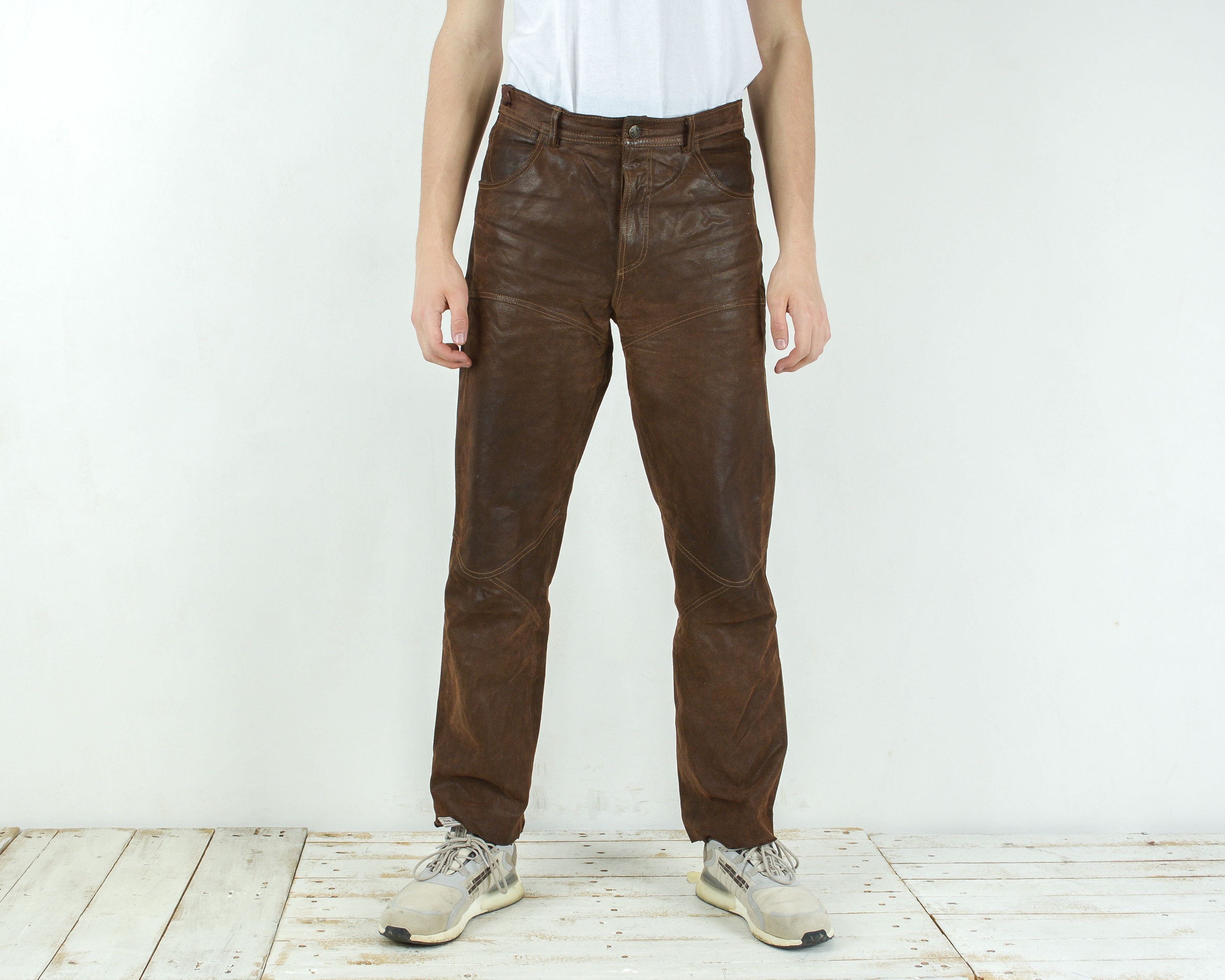 image of Genuine Leather x Vintage W33 L31 Regular Straight Real Leather Pants Brown Trousers, Men's