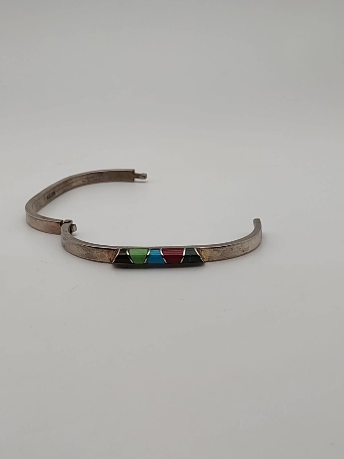 The Unbranded Brand Mexican Sterling Silver Multi Stone Inlay Hinged Bracelet Size ONE SIZE - 4 Thumbnail