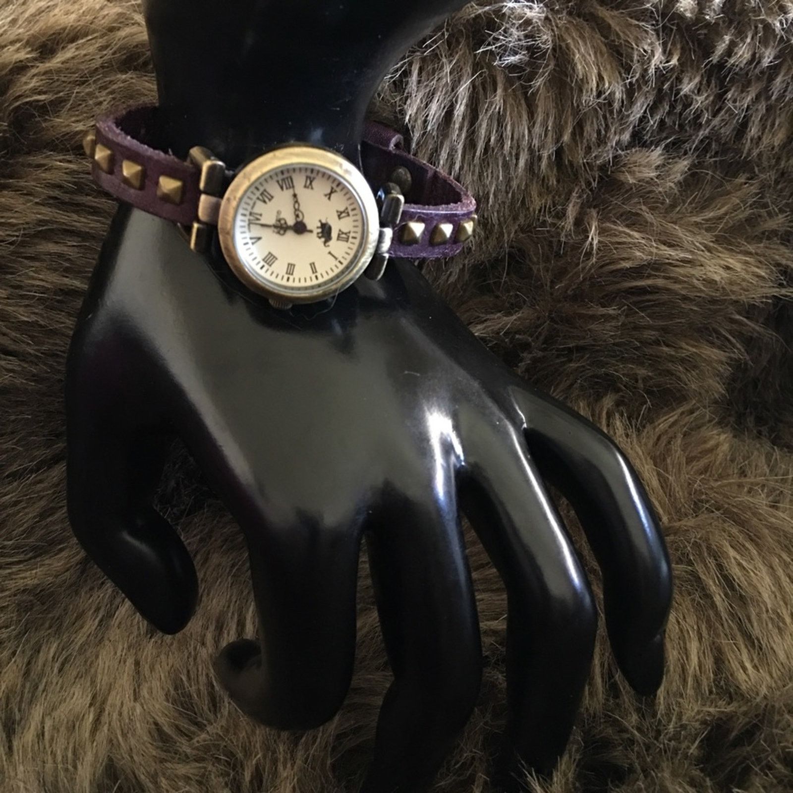 Jewelry Ladies Elephant Brown Studded Leather Band Watch in Gold, Women's