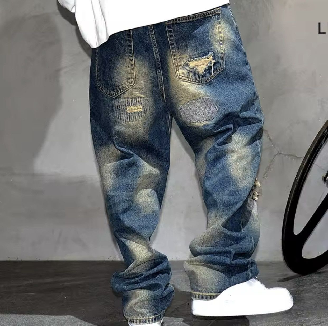 Denime × Jean Streetwear Ripped Patch Jeans Hip Hop Baggy Jeans Size US 30 / EU 46 - 5 Thumbnail
