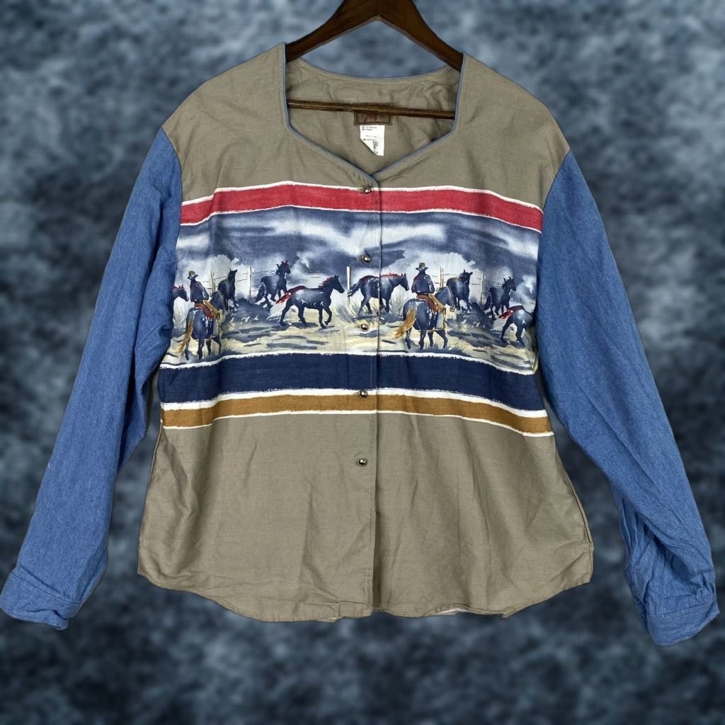Roper VINTAGE Roper Shirt Womens XL Geometric Twill 100% Cotton Button-Up Western Cowboy Horse USA Made Size XL / US 12-14 / IT 48-50 - 1 Thumbnail