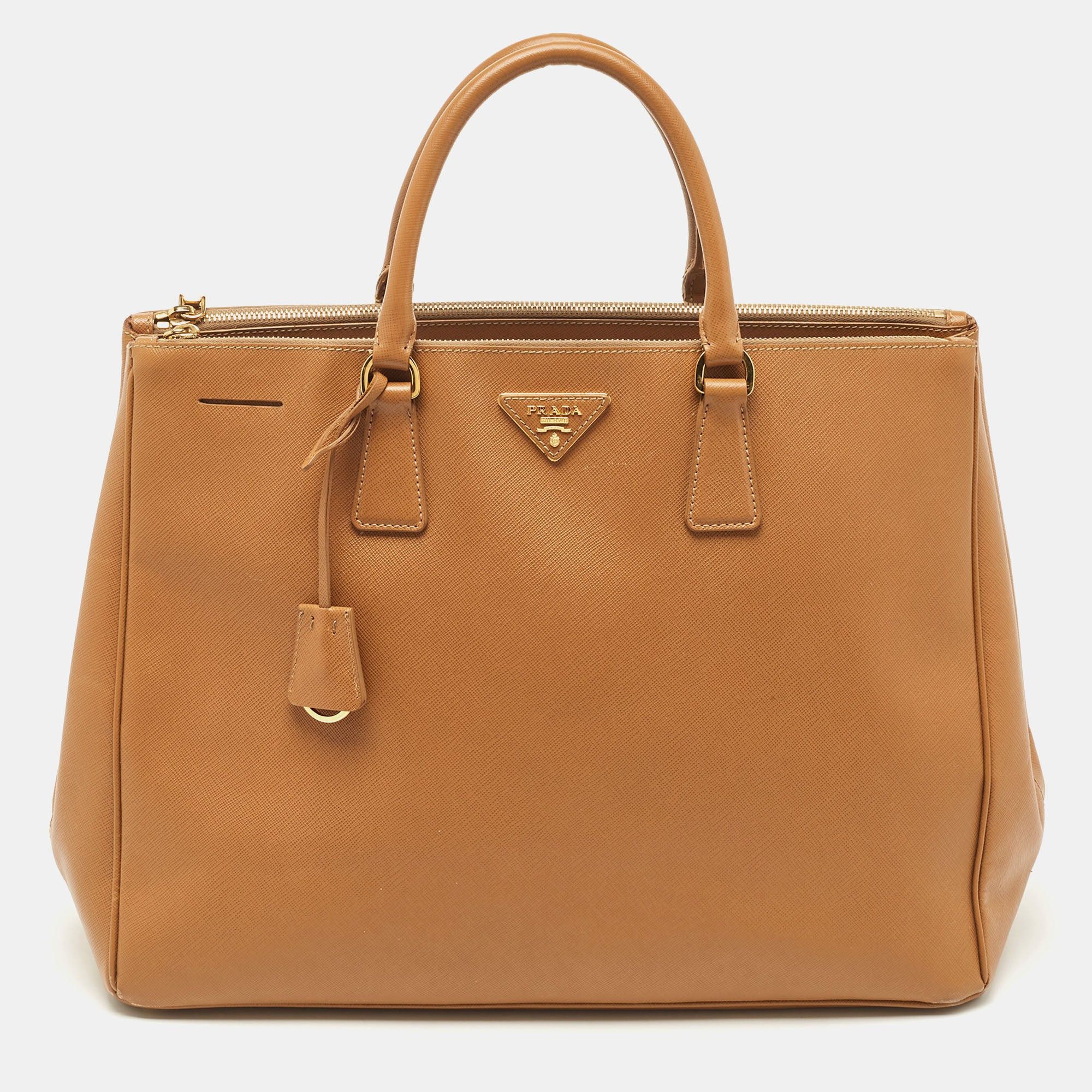 image of Prada Camel Brown Saffiano Lux Leather Extra Large Double Zip Tote in Black, Women's