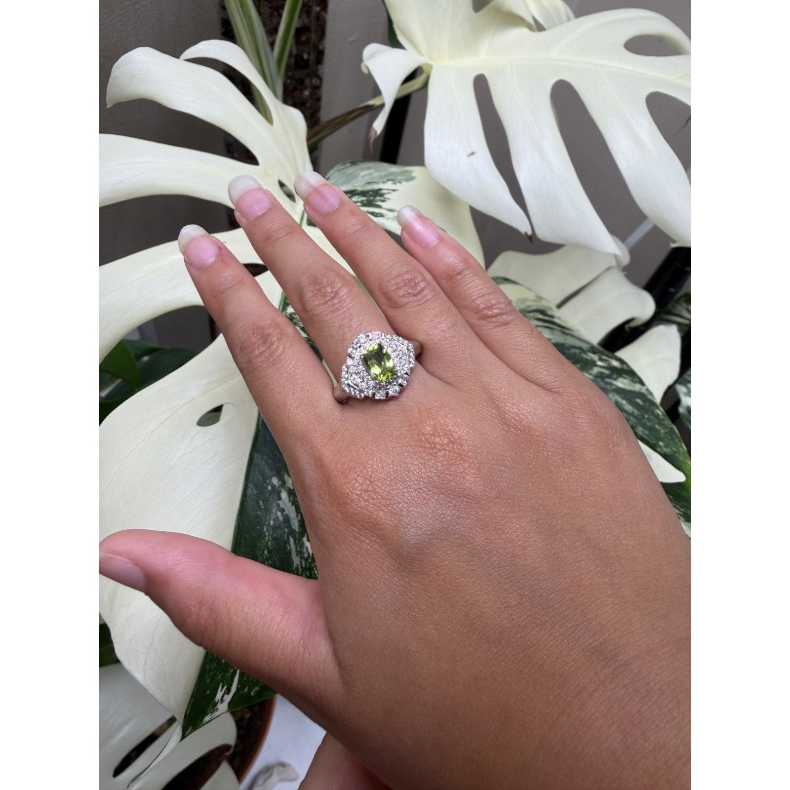 Other Vintage Style Cushion Cut Green Peridot & White Topaz/CZ 8 Size ONE SIZE - 2 Thumbnail