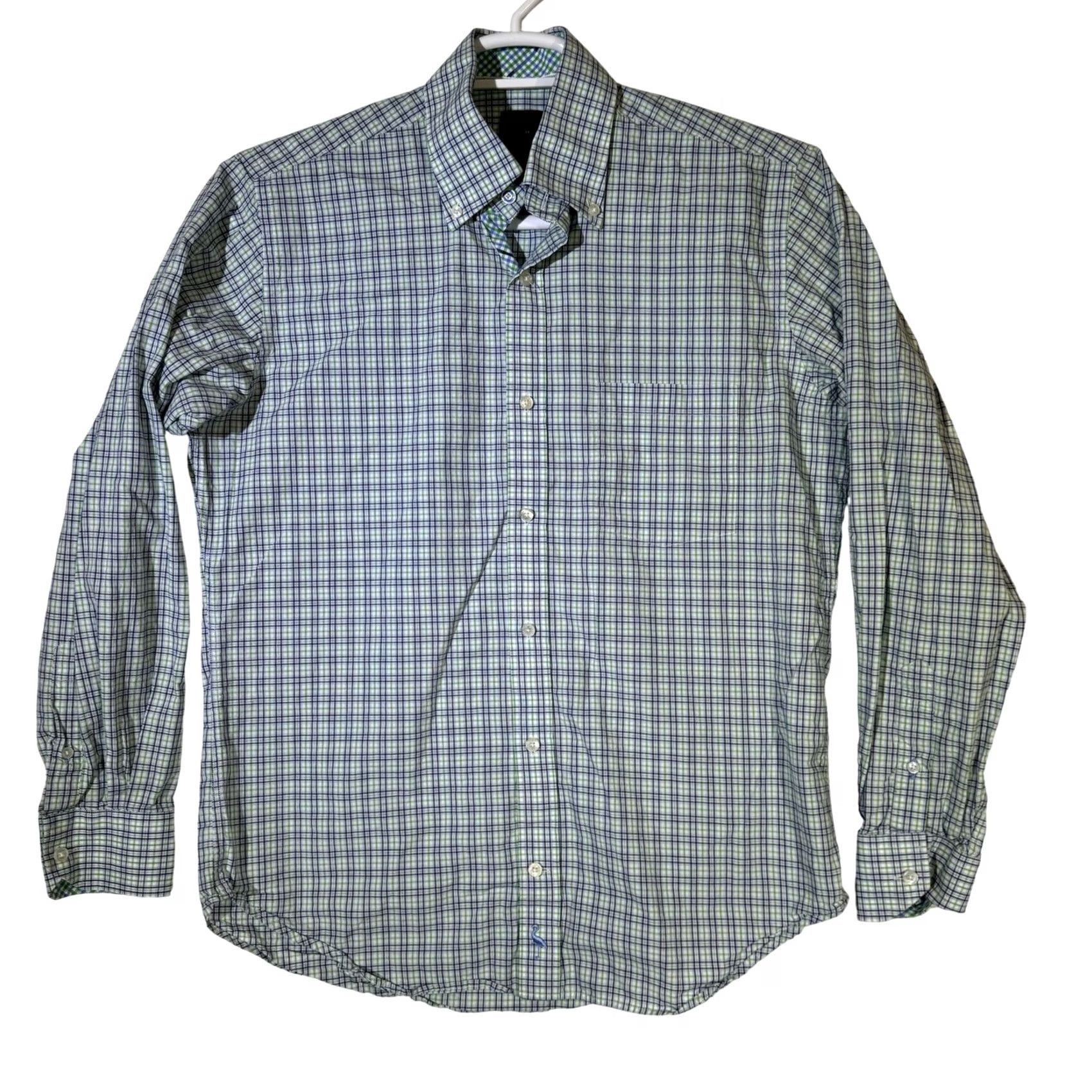 Tailorbyrd TAILORBYRD Men's Shirt Plaid Button-Down Long Sleeve Blue Green Embroidered Flamingo Pocket Cotton Regular M Size US M / EU 48-50 / 2 - 2 Thumbnail