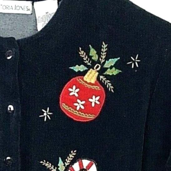 VINTAGE Victoria Jones Christmas Cardigan Sweater Black Velour Applique Holiday Medium