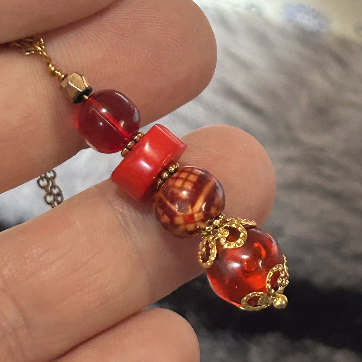 Handmade Handcrafted vintage bead red coral wood glass drop necklace Size ONE SIZE - 5 Thumbnail