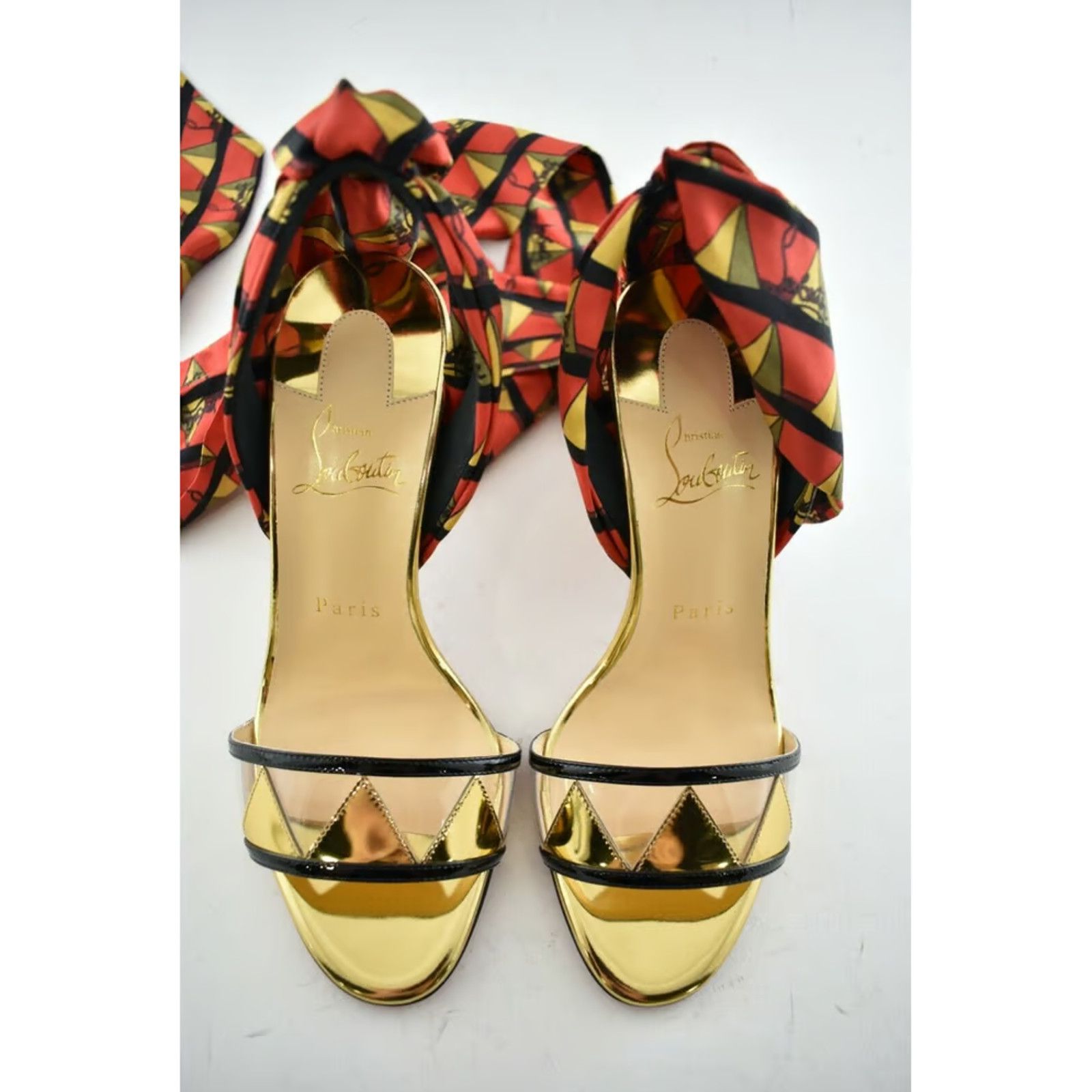 Christian Louboutin Baigneuse 100 Black Gold Red Lace Up Sandal Heel Pump 37.5 Size US 7.5 / IT 37.5 - 9 Thumbnail