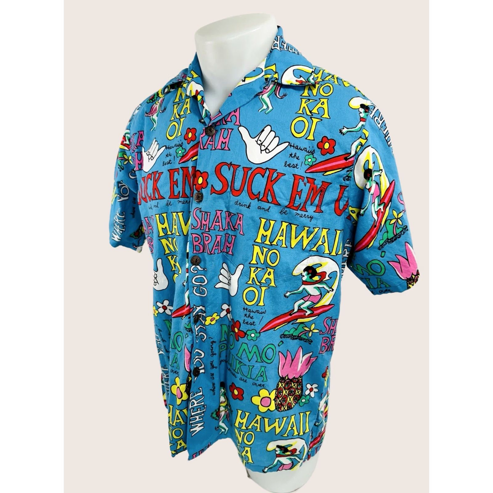 Vivobarefoot VINTAGE Go Barefoot SHAKA BRAH / SUCK EM Surfing Hula Girl Hawaiian Shirt M Blue Mens Short Sleeve Button-Up Shirt Size US M / EU 48-50 / 2 - 1 Thumbnail