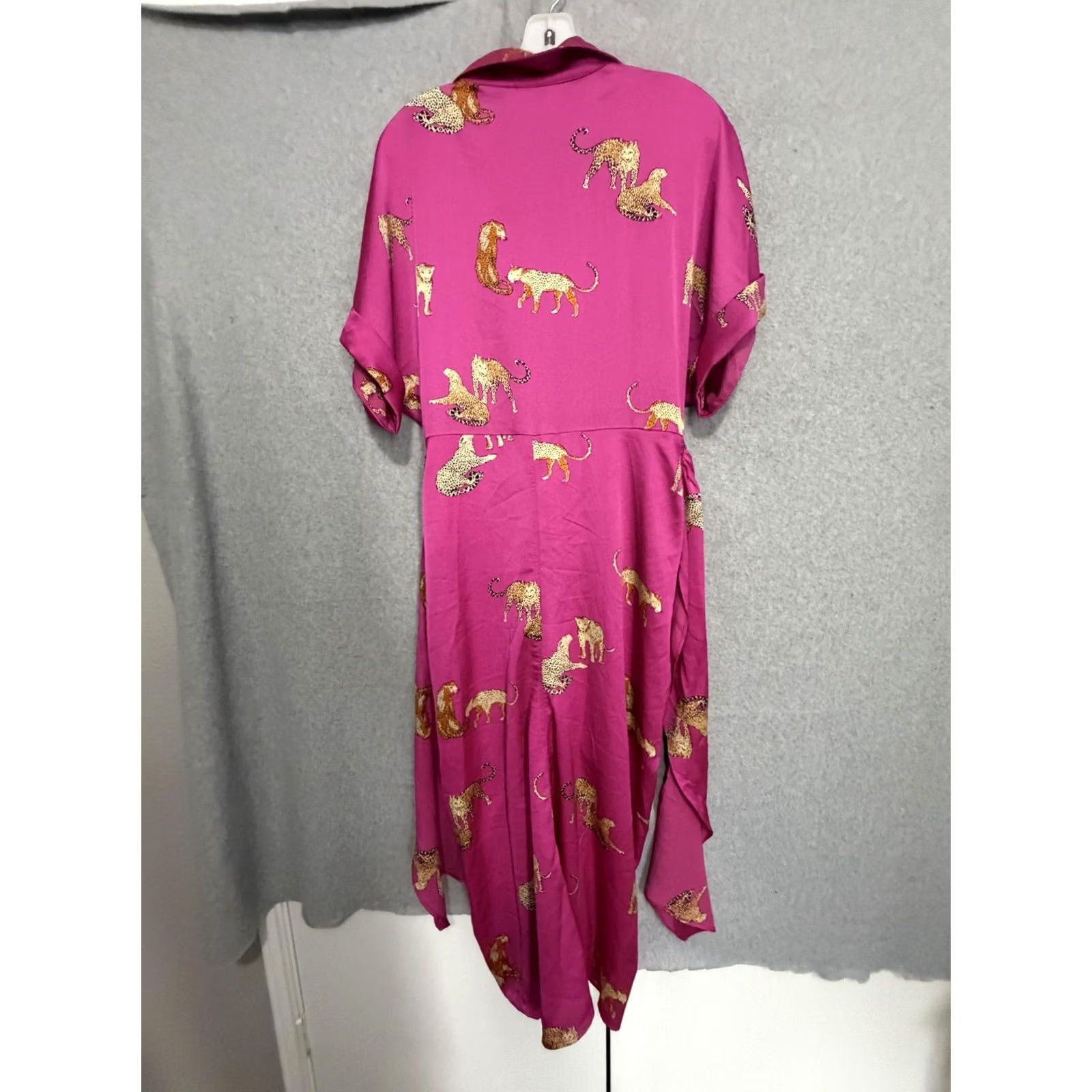 Pinko Entro Dress Womens L Pink Leopard Satin Ruched Button Front Maxi Shirt Collared Size L / US 10 / IT 46 - 3 Thumbnail