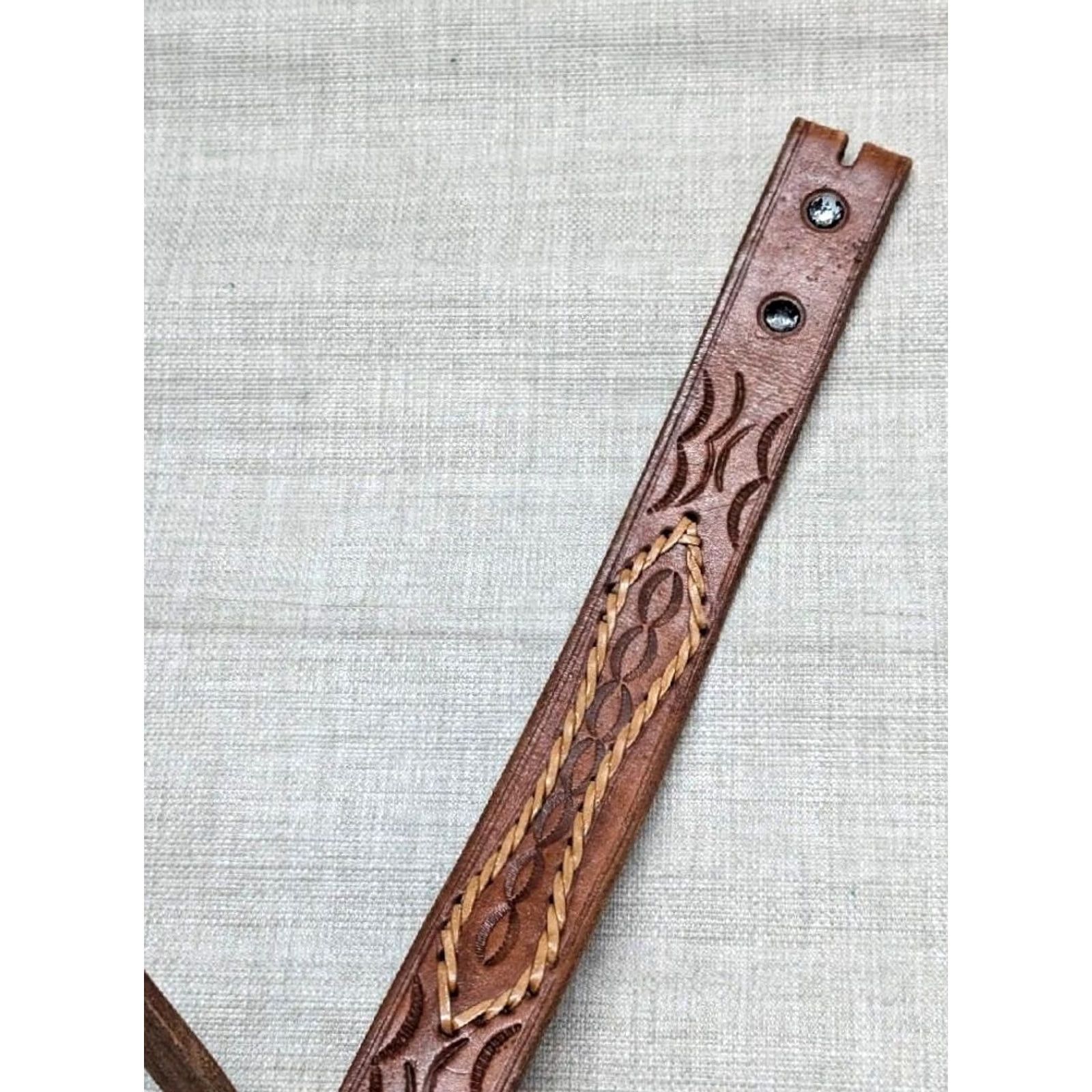 Vintage VINTAGE TOOLED buckle belt WESTERN handcrafted 36 leather COWHIDE brown COWBOY Size 36 - 4 Thumbnail