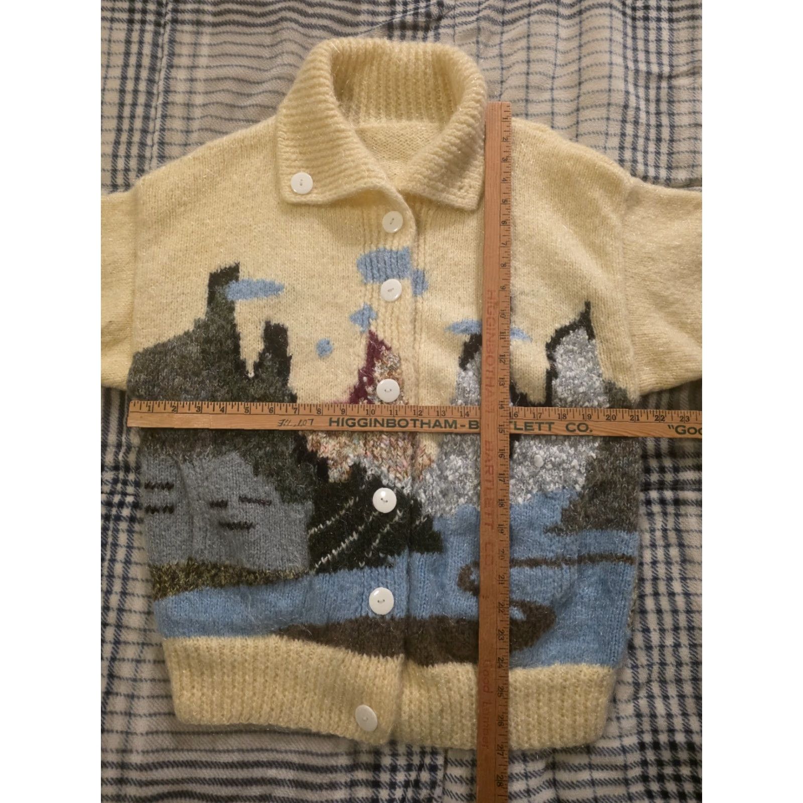 Vintage Vtg 70s Hand Knit Fuzzy Acrylic Cardigan Sweater Mountain Landscape Womens Large Size M / US 6-8 / IT 42-44 - 7 Thumbnail