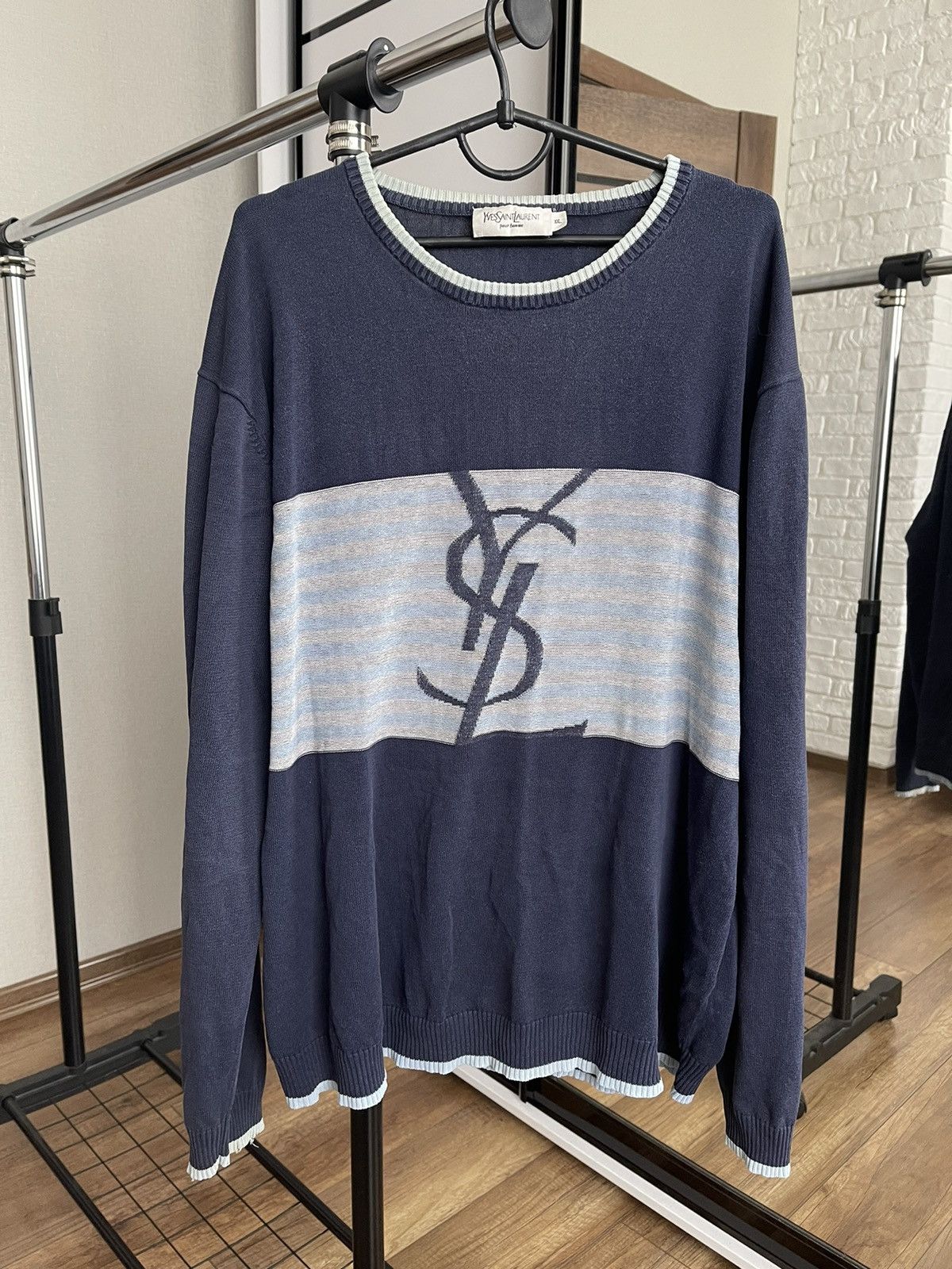 Image of YVES Saint Laurent YSL Vintage Knit Sweater Big Logo 90's in Blue, Men's (Size 2XL)