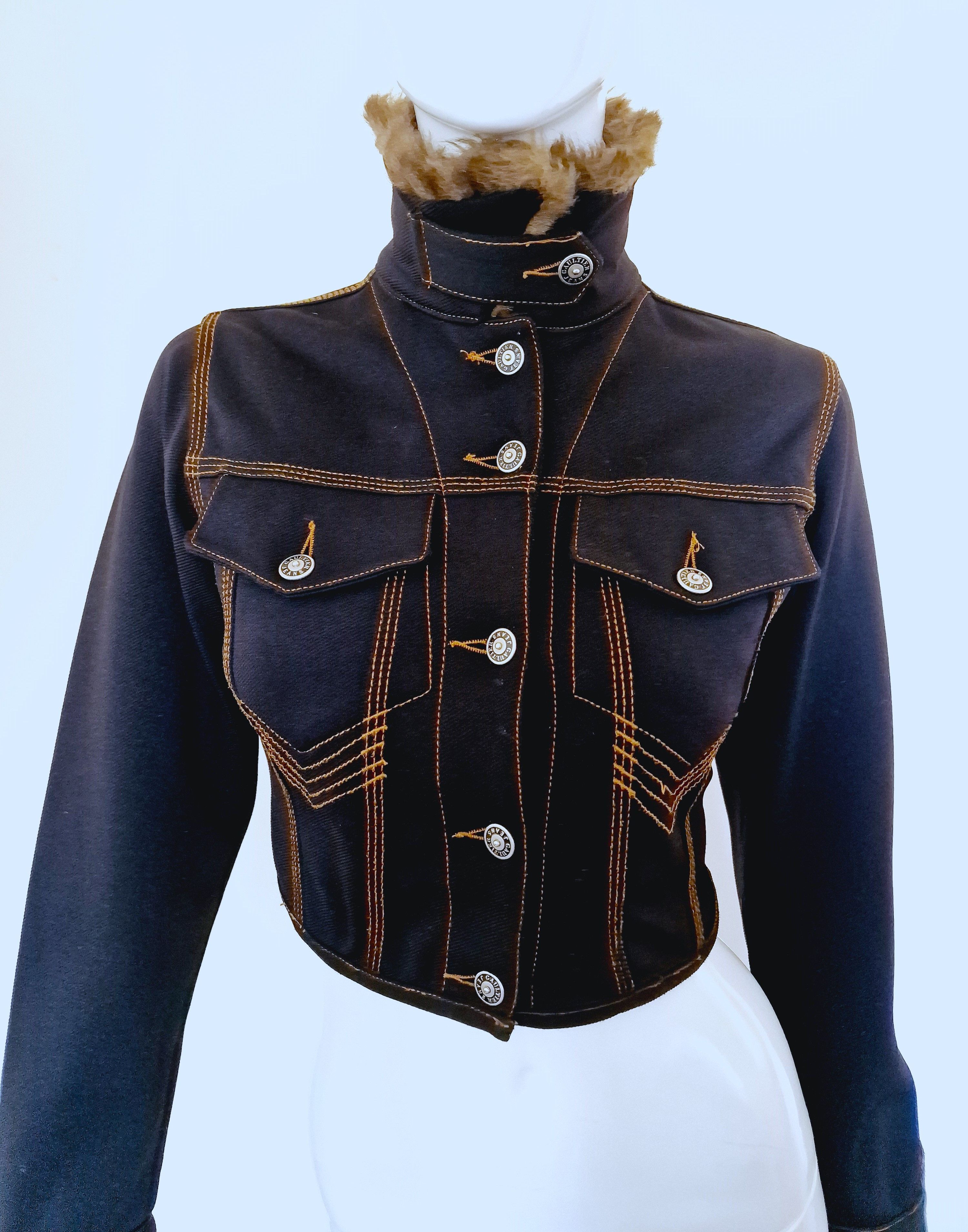 Jean Paul Gaultier Jean Paul Gaultier Denim Fake Fur Collar Crop Top Jacket Size S / US 4 / IT 40 - 4 Thumbnail