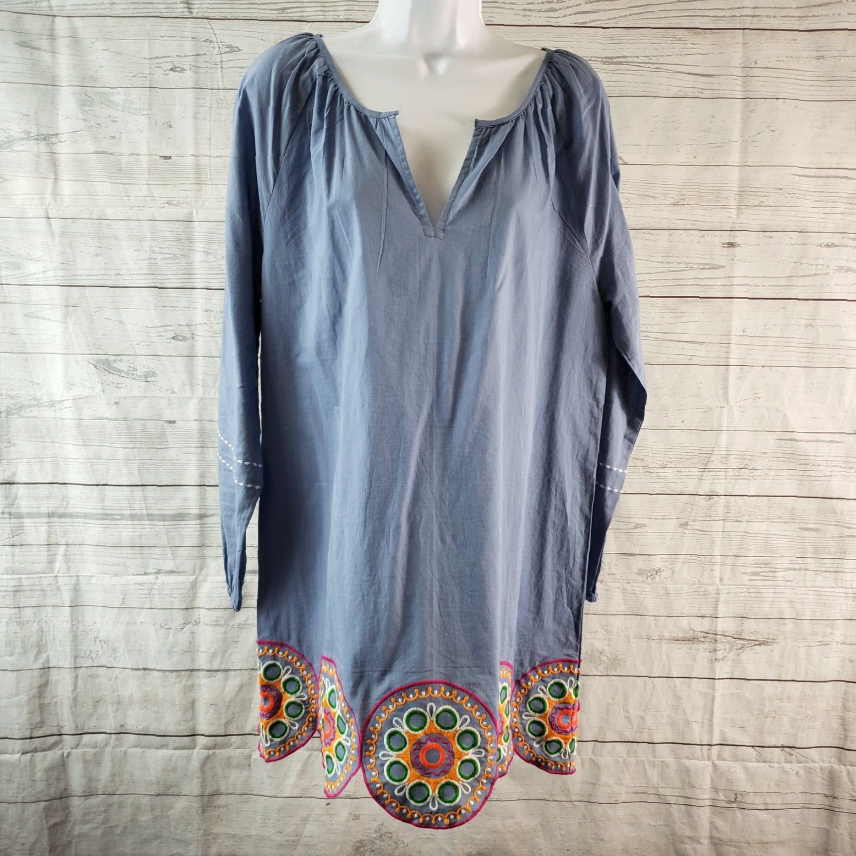 Vintage Mud Pie Womens Tunic Top Blue Pink Embroidered Long Sleeve Cotton Size M, Casual, Blouse, Womens, Tunic Size M / US 6-8 / IT 42-44 - 2 Thumbnail