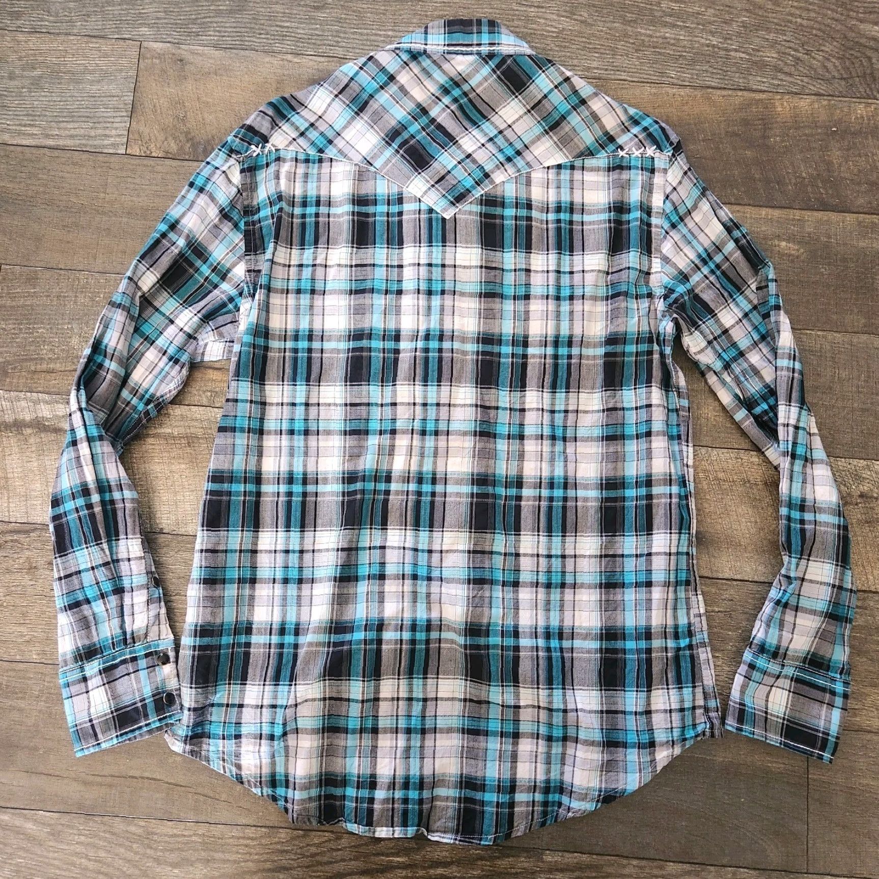 Vintage Rock And Roll Cowboy Pearl Snap Shirt Mens Medium Teal Plaid Thick Stitch Regular Button-Up Short Sleeve Collared Pocket Cowboy USA Western Mens Size US M / EU 48-50 / 2 - 6 Thumbnail