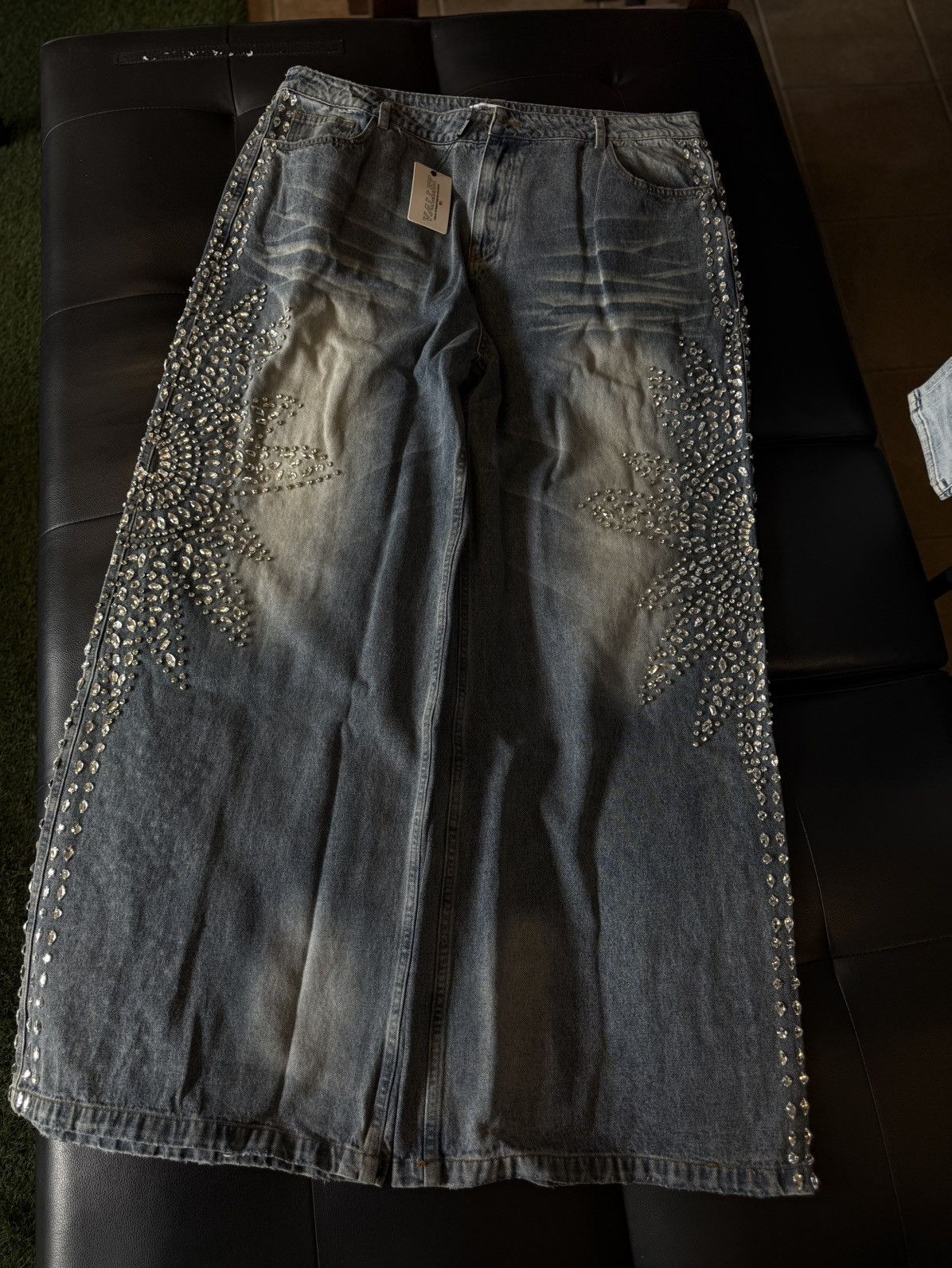 Vale Valley Stone Crystal Rhinestone Baggy Blue Jeans Size 38 Size US 38 / EU 54 - 3 Thumbnail