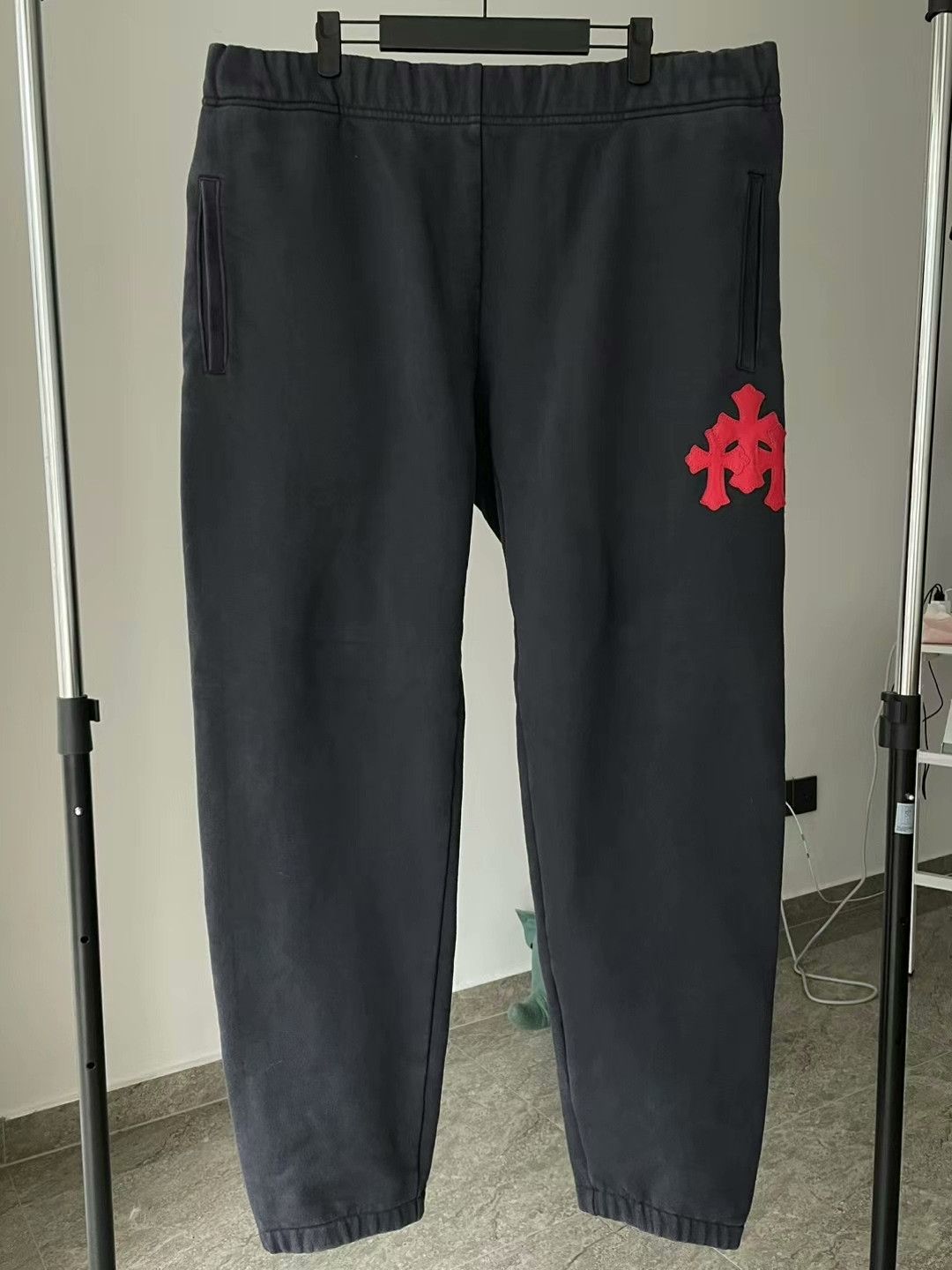 chrome hearts black sweatpants with red patches