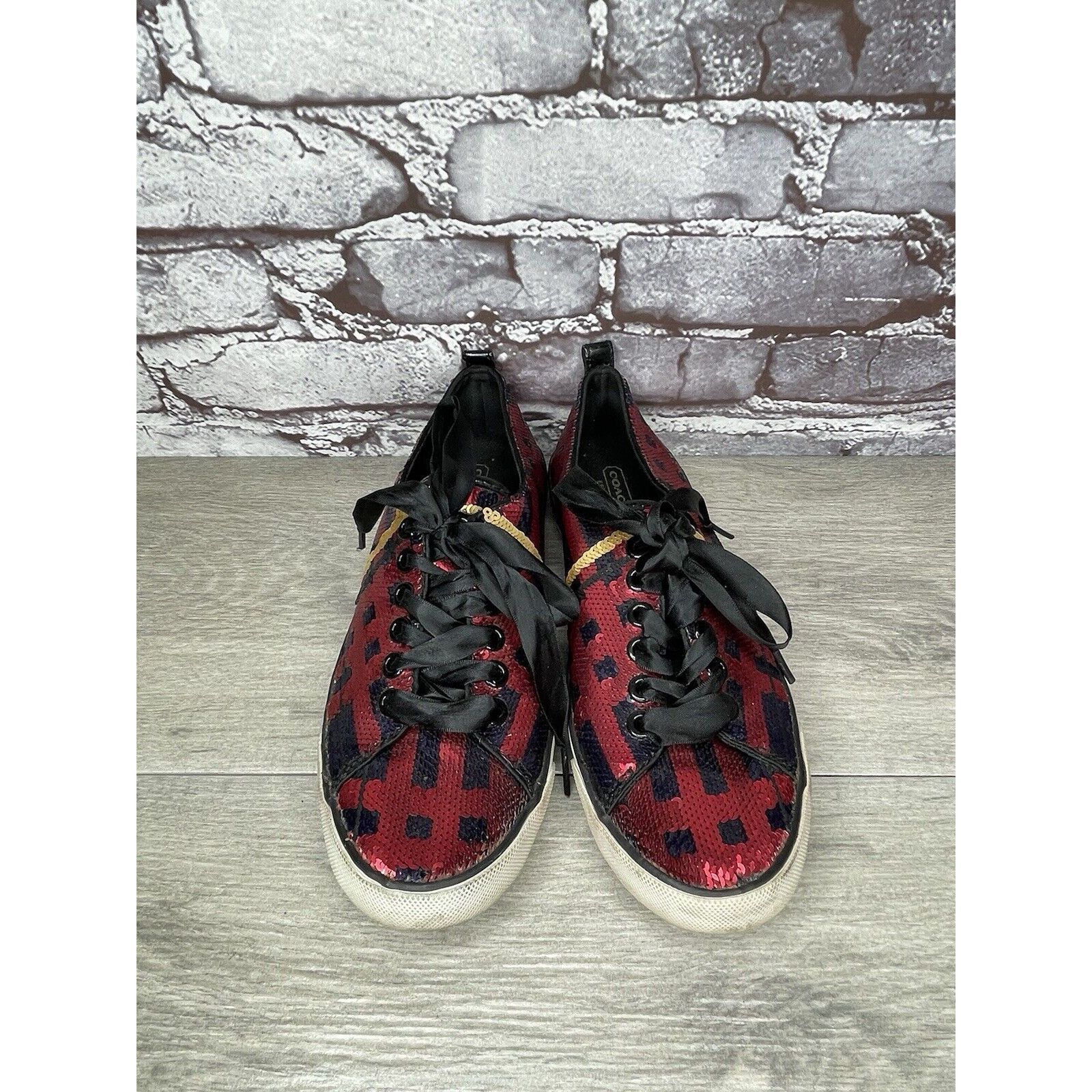 Coach Coach Willa Sequin Black Red Plaid Casual Ribbon Lace Sneake Size US 7.5 / IT 37.5 - 2 Thumbnail