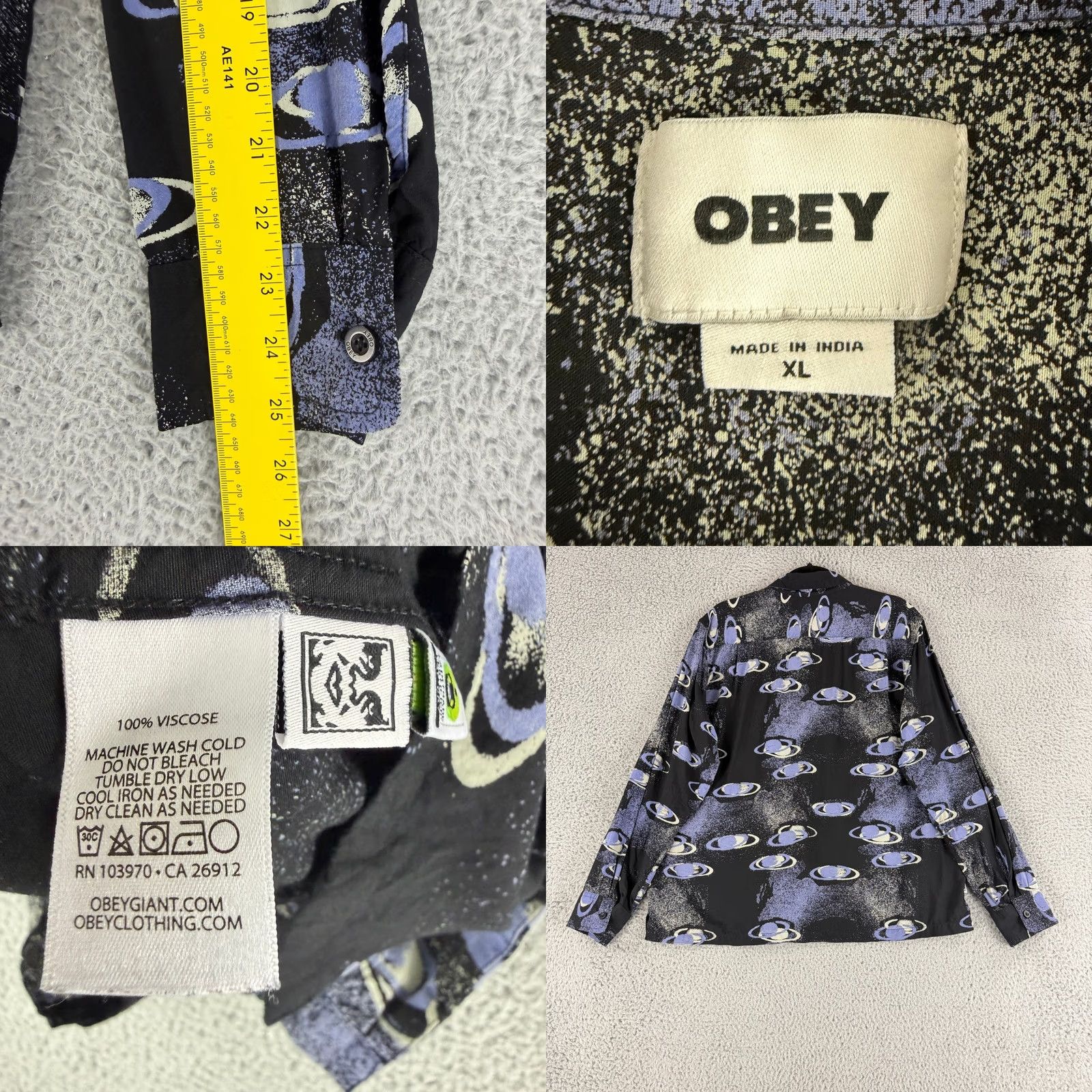 Obey OBEY Shirt XL Black Galaxy Planet Print Viscose Long Sleeve Button-Up Men’s Graphic Casual Space Print Size US XL / EU 56 / 4 - 8 Thumbnail
