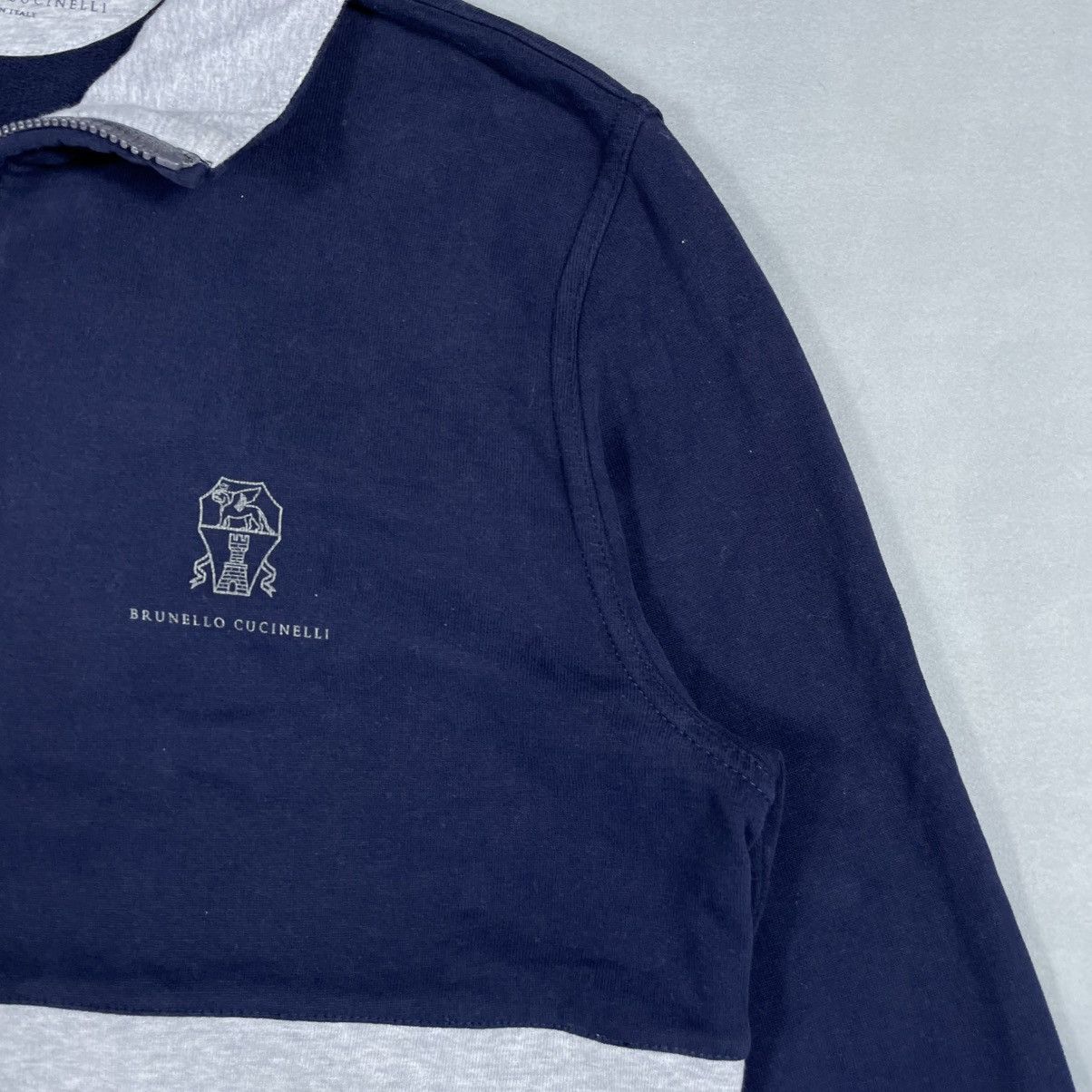 Brunello Cucinelli Logo-Print Two-Tone Cotton-Jersey Half-Zip Sweatshirt - Blue Size US XS / EU 42 / 0 - 9 Thumbnail