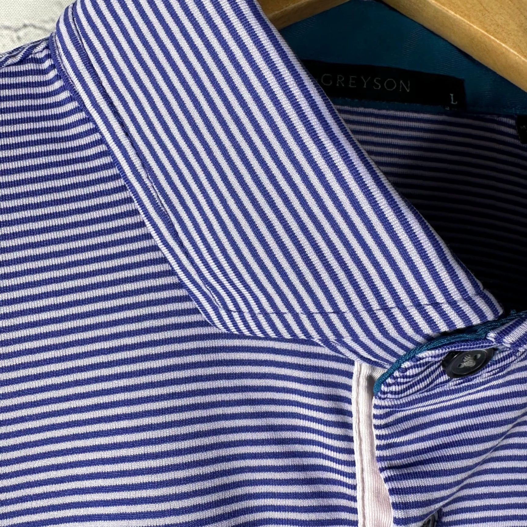 Vintage Greyson Polo Shirt Short Sleeve Purple White Striped Golf Size L Mens Size US L / EU 52-54 / 3 - 3 Thumbnail