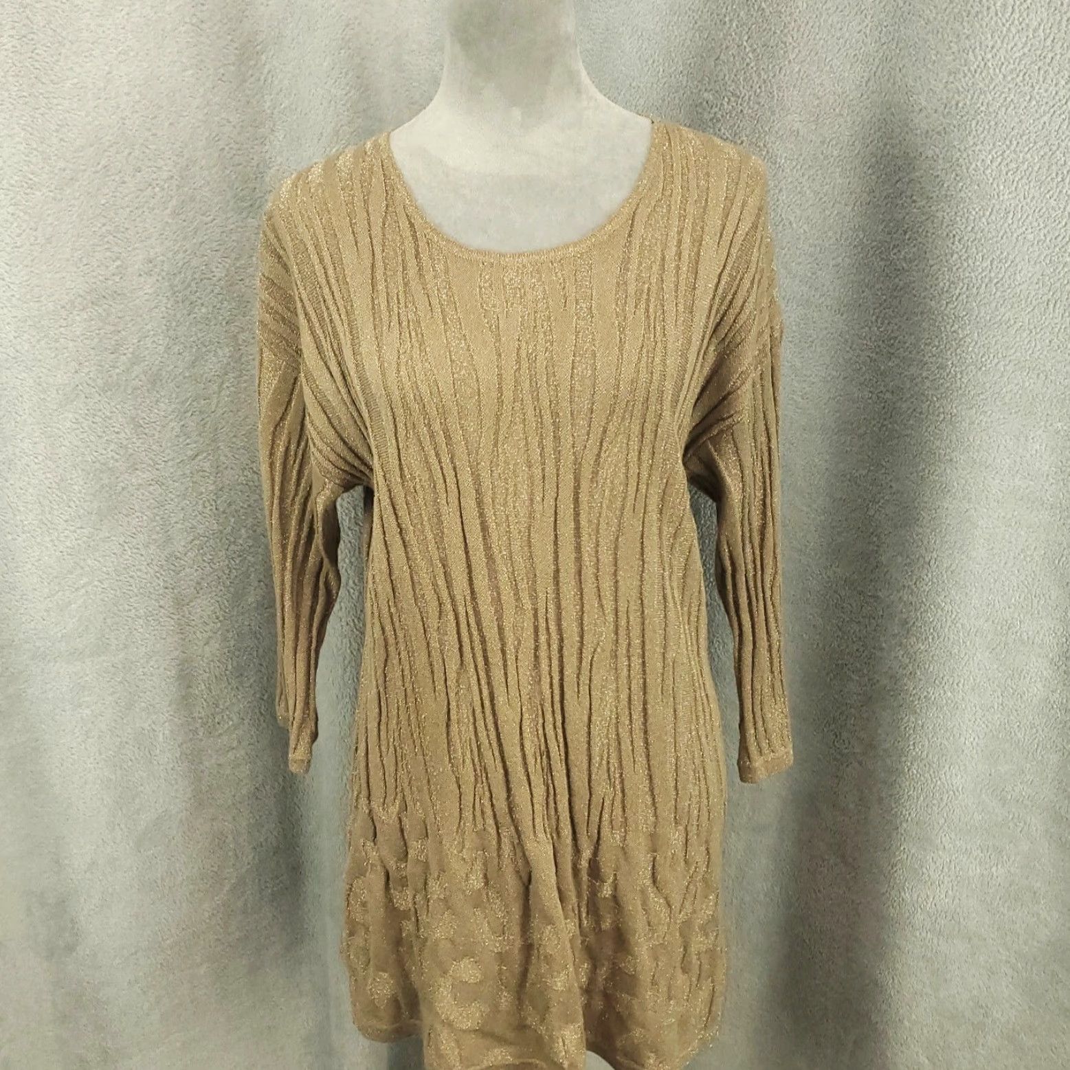 Vintage Chicos Sweater Womens L Gold Sparkle Shimmer Textured Scrunched Travel Casual Knit Pullover Round Neck Long Sleeve Classic Designer Metal 2 Size L / US 10 / IT 46 - 2 Thumbnail