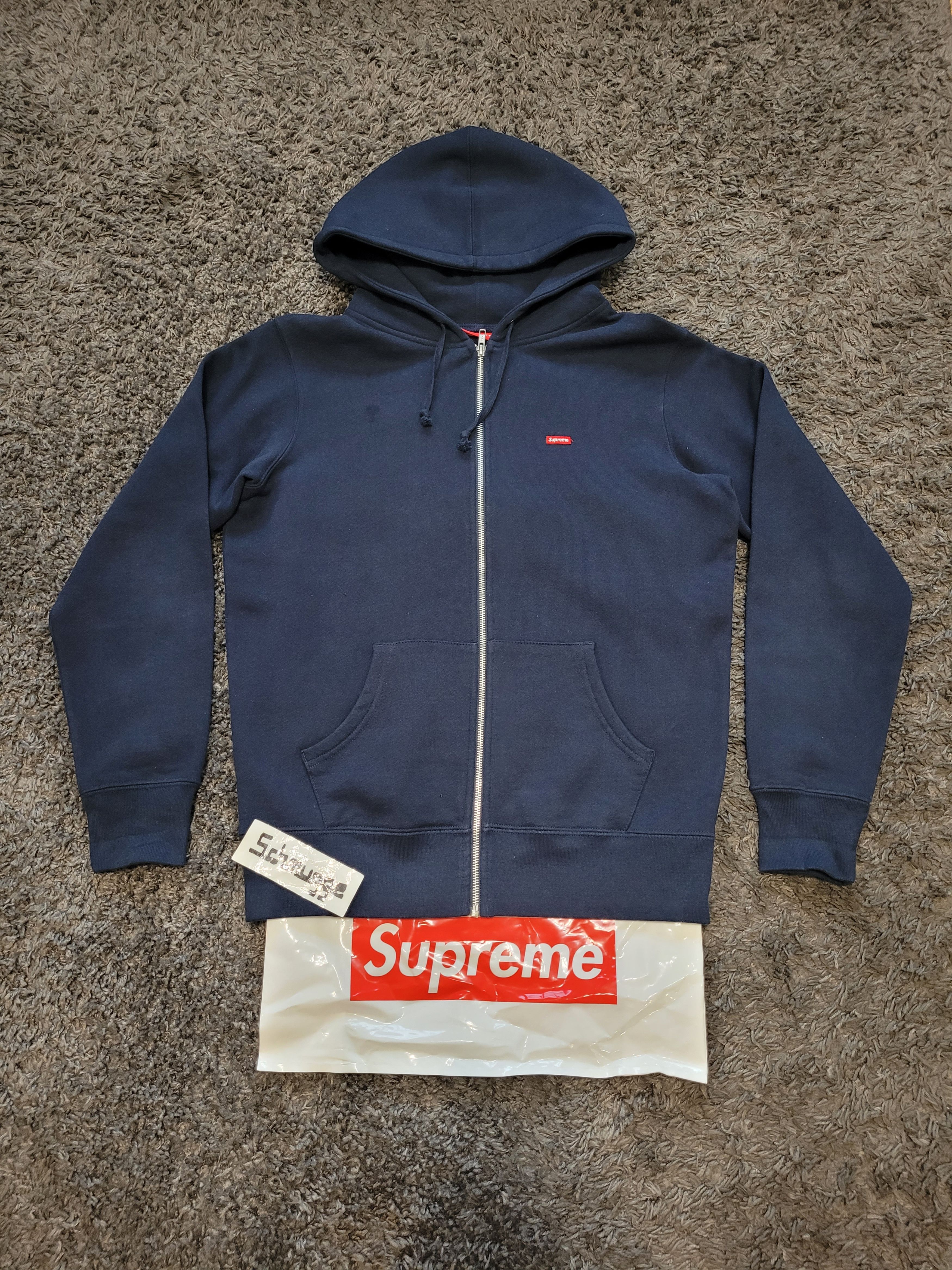 image of Ss17 Supreme Zip Small Box Logo Hoodie Hooded Sweatshirt in Navy, Men's (Size Medium)
