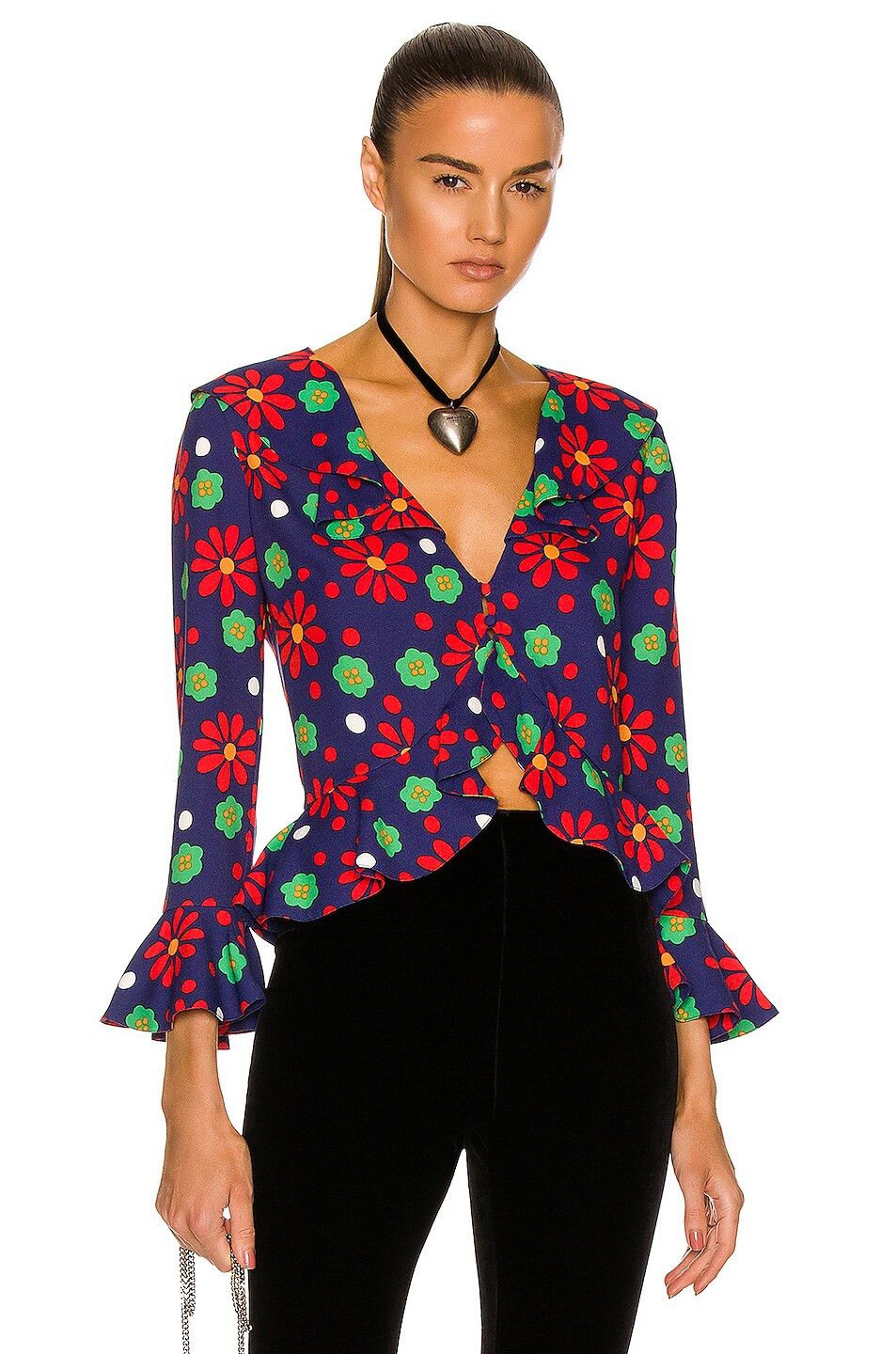 Saint Laurent Paris o1s1wg111024 Ruffled Blouse in Sablé in Multicolor Size XS / US 0-2 / IT 36-38 - 1 Thumbnail