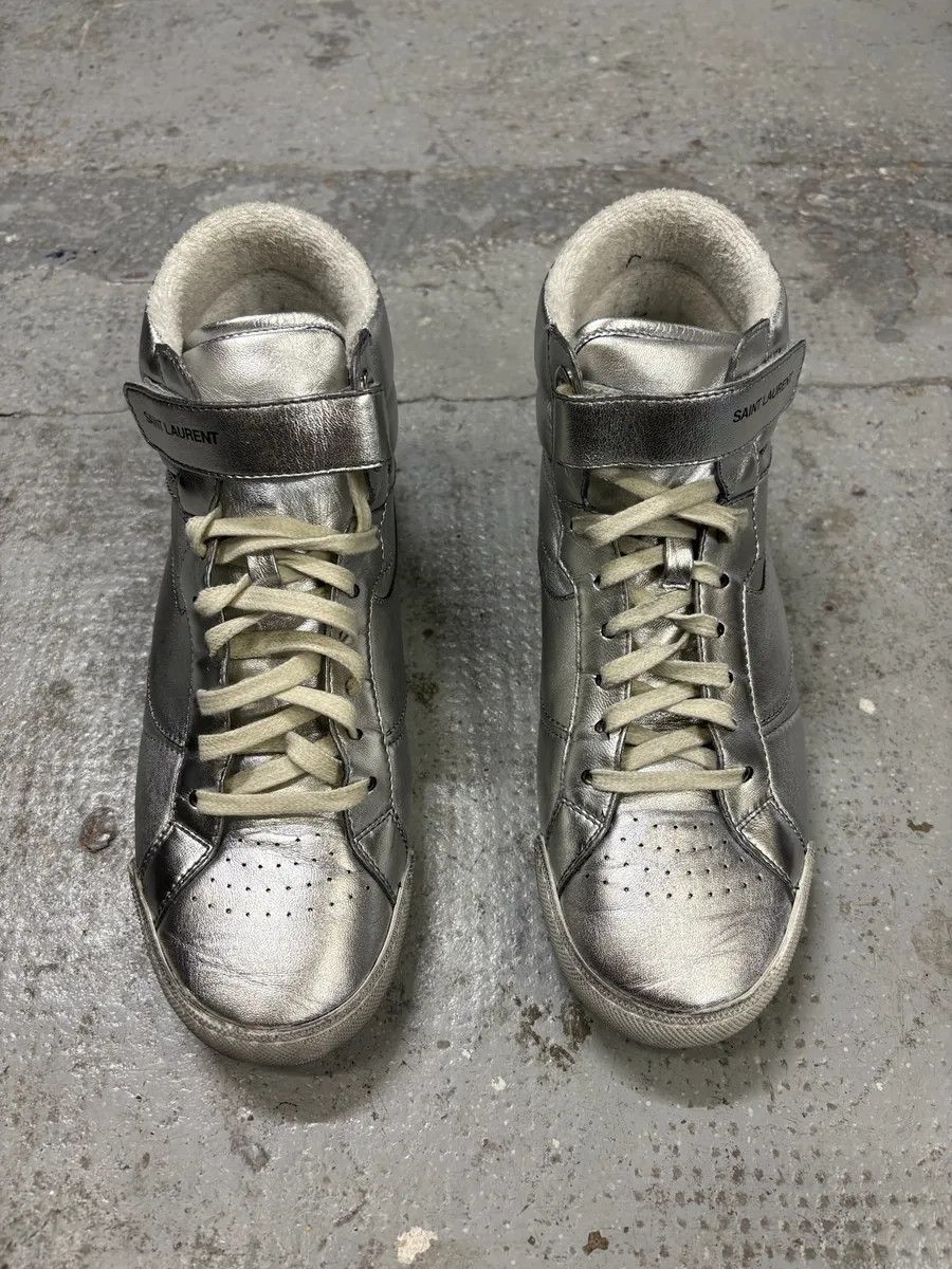 Designer × Saint Laurent Paris × Vintage 2010s Saint Laurent Lenny Silver Grey High Sneakers Size US 7.5 / EU 40-41 - 2 Thumbnail