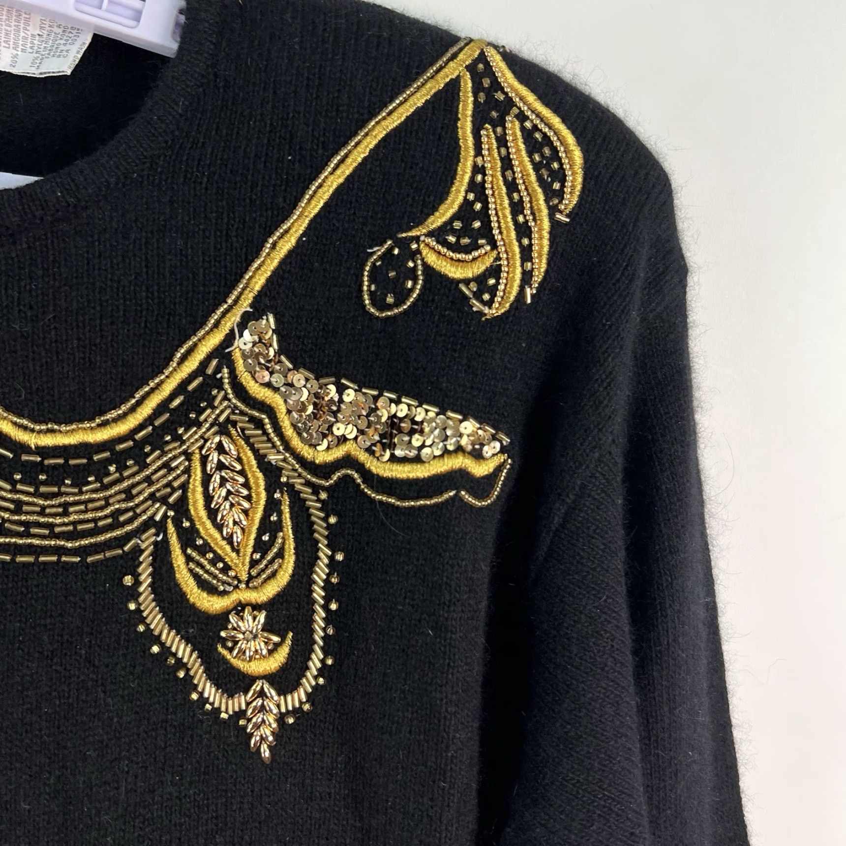 Vintage VINTAGE Marisa Christina Beaded Lamb’s Wool Rabbit Sweater Women’s XL Black Pullover Knit Wool Floral 80s Holiday Must-See Womens Size XL / US 12-14 / IT 48-50 - 2 Thumbnail
