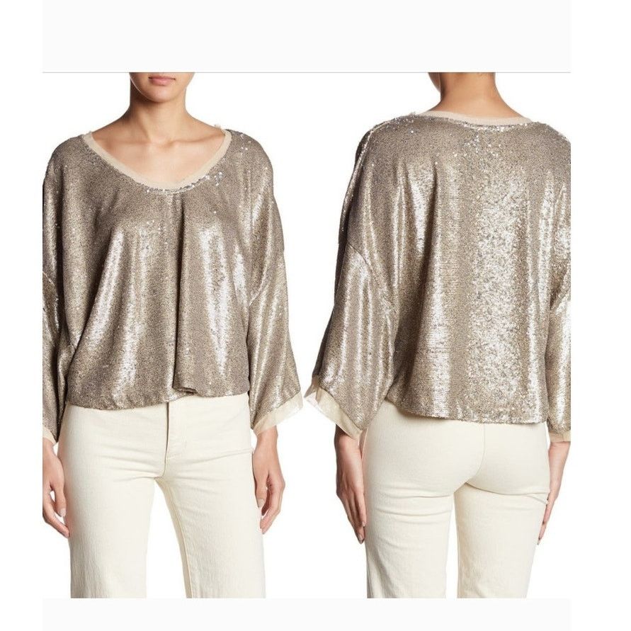 Free People New FREE PEOPLE Champagne Dreams Sequins Glam Tee $128 Sz M Size M / US 6-8 / IT 42-44 - 6 Thumbnail