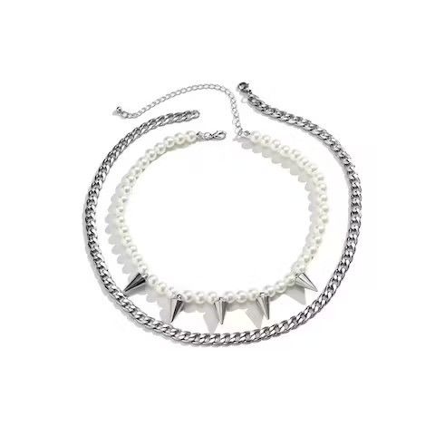 Jewelry × Vintage Imitation Pearl Beads Chain Spikes Short Choker Necklace Men Size ONE SIZE - 2 Thumbnail