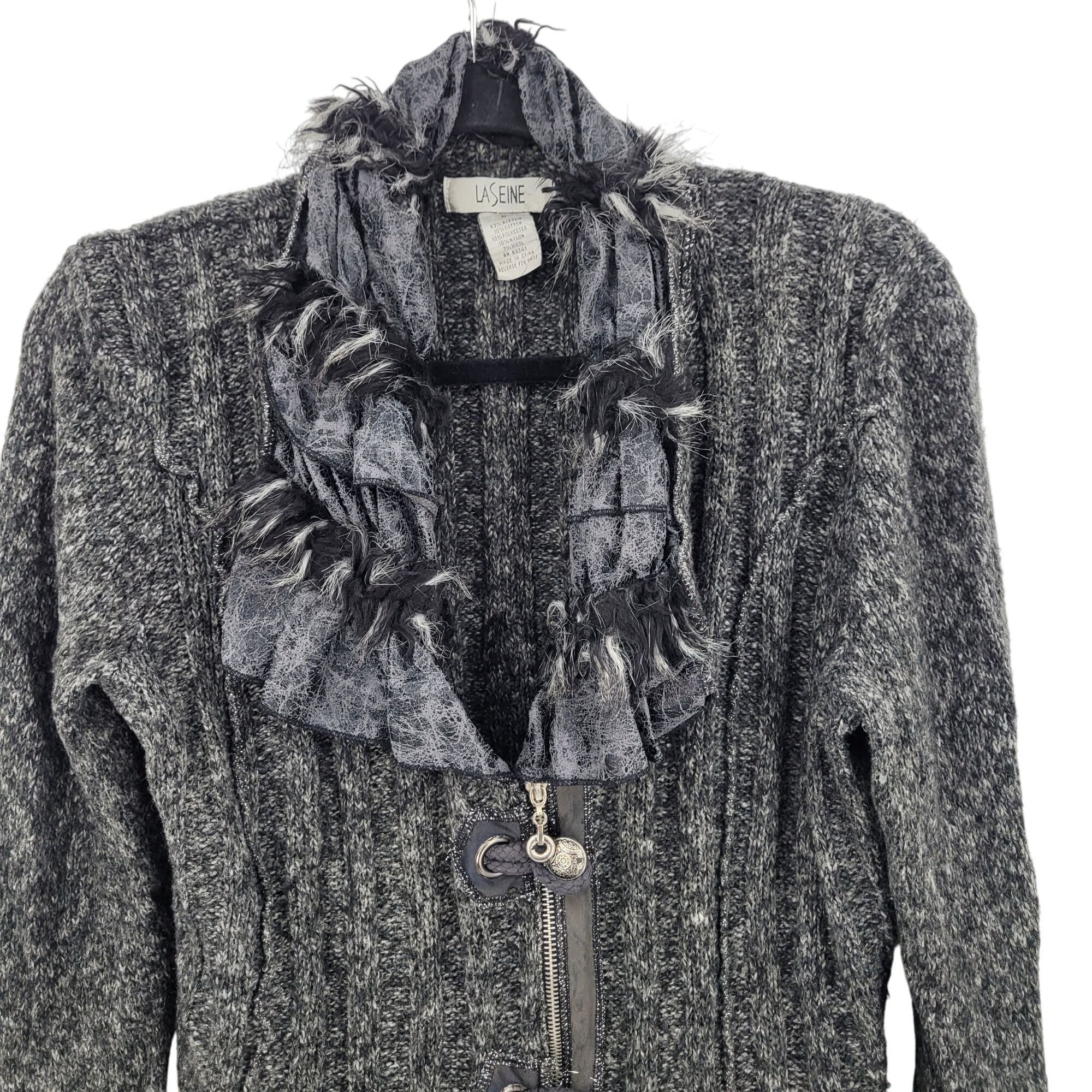 Vintage Vtg 90s Gothic Ruffled Knit Cardigan Sweater Sz L Faux Fur T Size L / US 10 / IT 46 - 4 Thumbnail