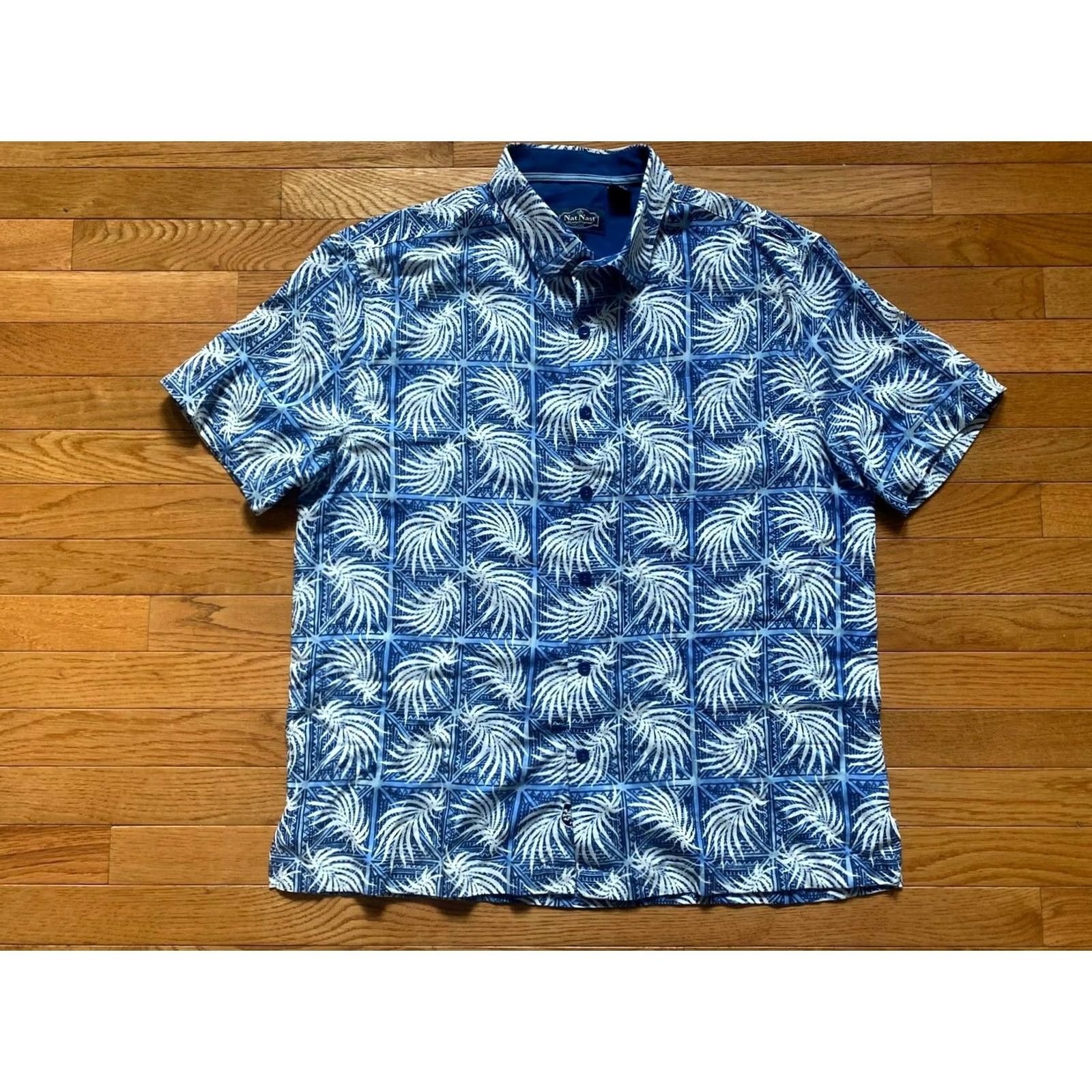 Nat Nast NAT NAST Camp Shirt Navy Blue Tropical Floral Silk Cotton 70% Silk 30% Cotton Button-Up Collared Mens Large SS Size US L / EU 52-54 / 3 - 2 Thumbnail