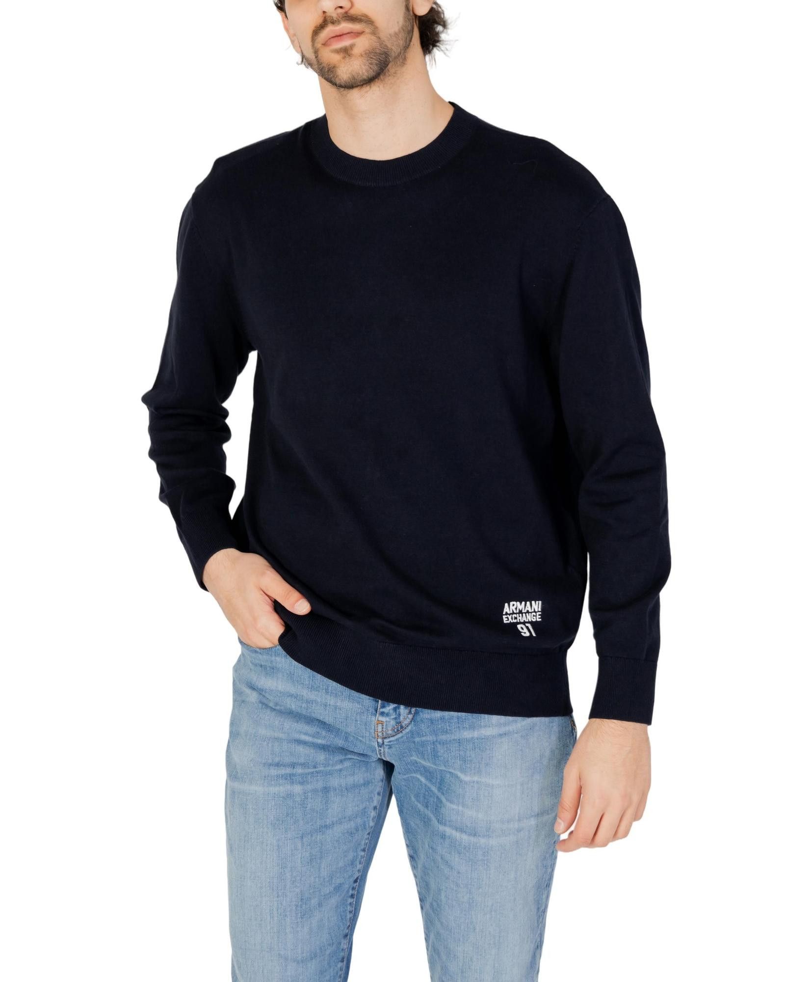 image of Armani Exchange Cotton Knit Round Neck Sweater in Blue, Men's (Size 2XL)