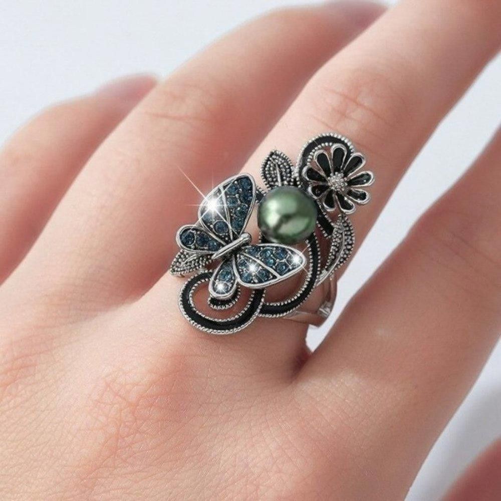 Designer Vintage Navy Blue Pearl Butterfly Silver Flower Ring- Size 7 Size ONE SIZE - 5 Thumbnail