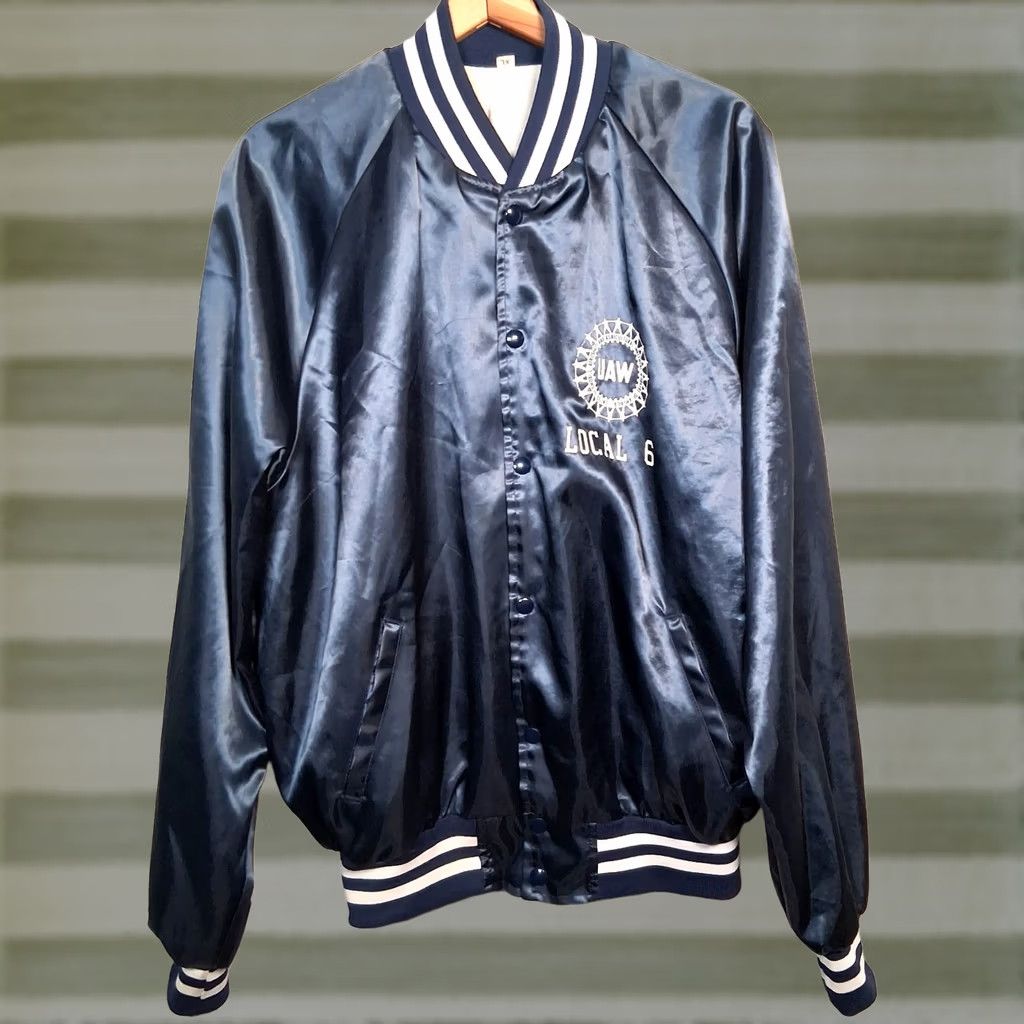 Vintage VINTAGE UAW Local 6 Satin Bomber Jacket XL Blue Labor Union Snap Up Mens Breeches? Size US XL / EU 56 / 4 - 1 Thumbnail