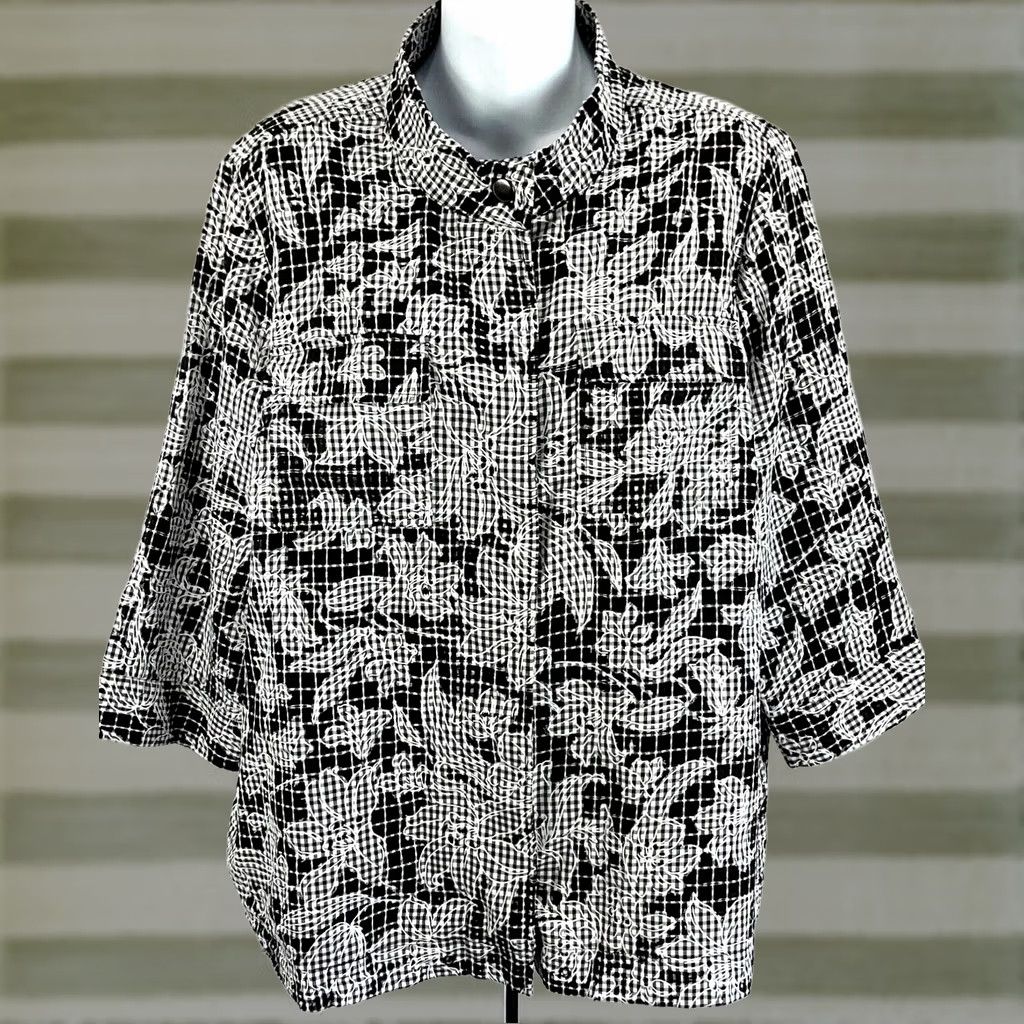 Vintage CJ Banks Jacket Shacket Floral 3/4 Sleeve Mock Neck Pockets Short 1X Black Women Jacket Size XL / US 12-14 / IT 48-50 - 1 Thumbnail